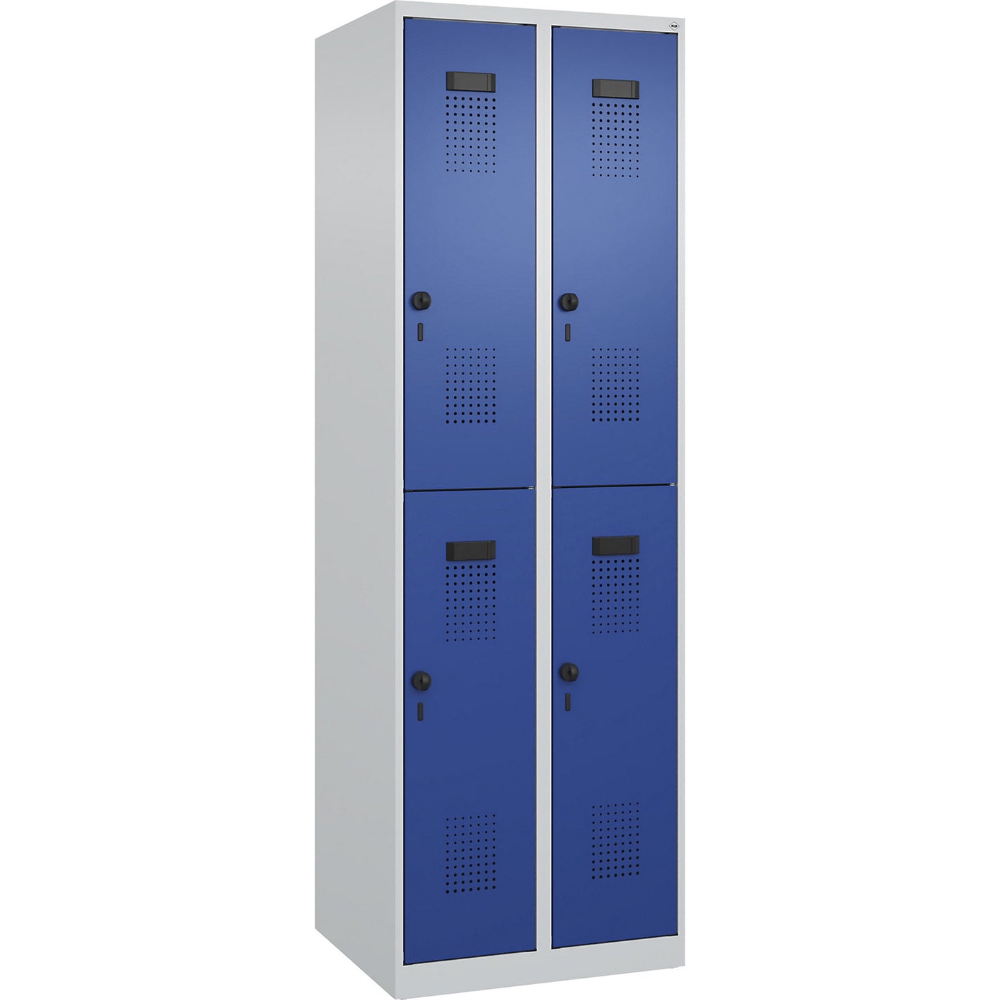 Evolo PLUS double deck clothes locker, 2 compartments, light grey / gentian blue, W 600 mm, with floor glides, rotary bolt.