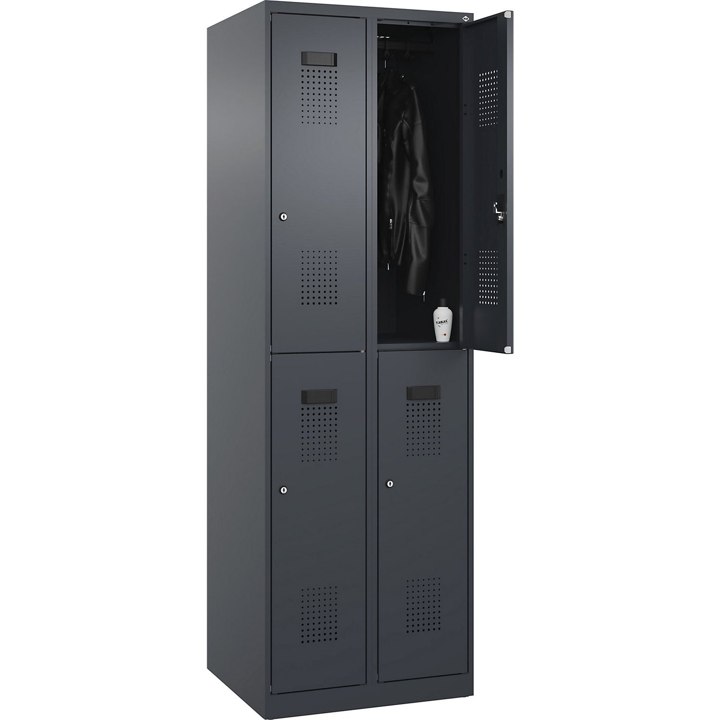 Evolo PLUS double deck clothes locker, 2 compartments, grey, W 600 mm, with floor glides, cylinder lock.