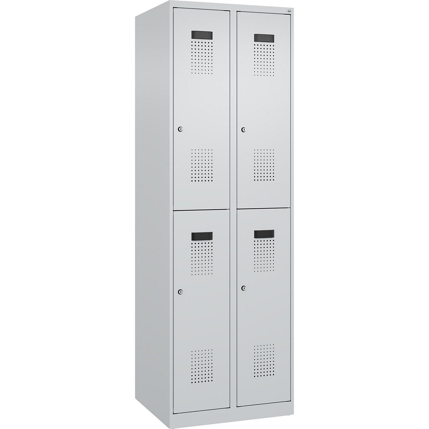 Evolo PLUS double deck clothes locker, 2 compartments, light grey, W 600 mm, with floor glides, cylinder lock.