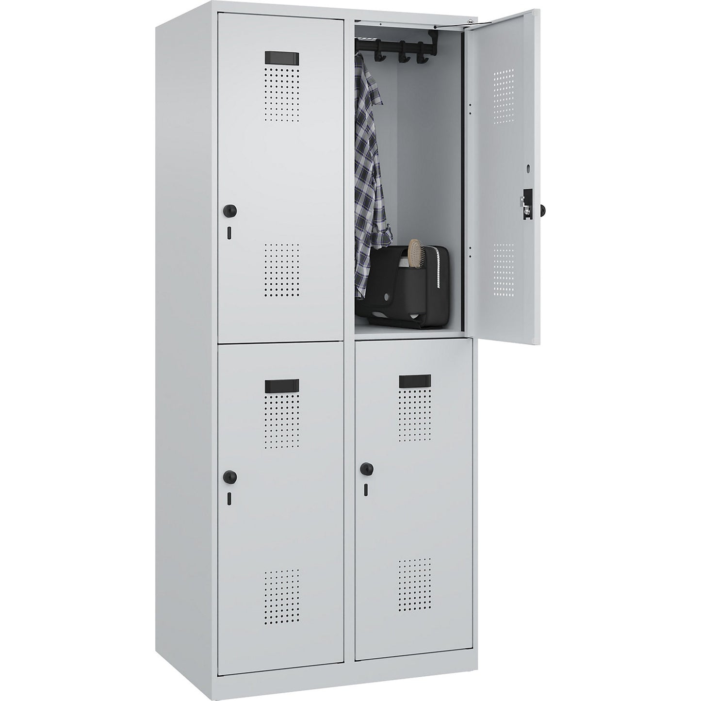 Evolo PLUS double deck clothes locker, 2 compartments, light grey, W 800 mm, with floor glides, rotary bolt.