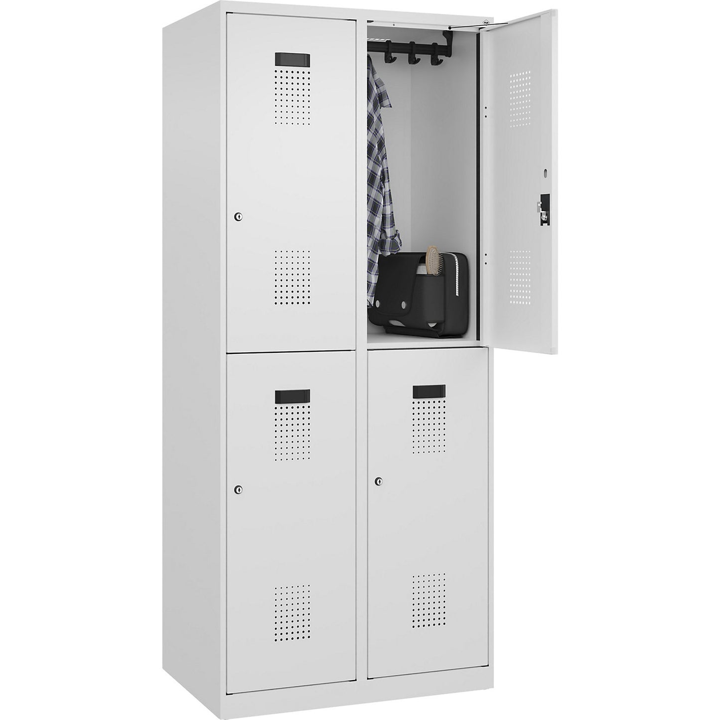 Evolo PLUS double deck clothes locker, 2 compartments, traffic white, W 800 mm, with floor glides, cylinder lock.