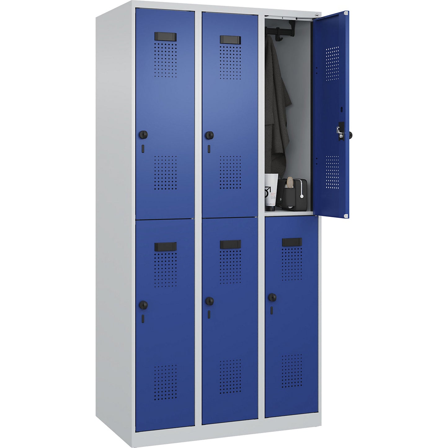 Evolo PLUS double deck clothes locker, 3 compartments, light grey / gentian blue, W 900 mm, with floor glides, rotary bolt.