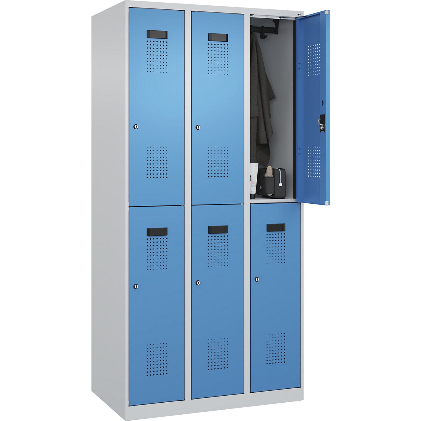 Evolo PLUS double deck clothes locker, 3 compartments, light grey / light blue, W 900 mm, with floor glides, cylinder lock.