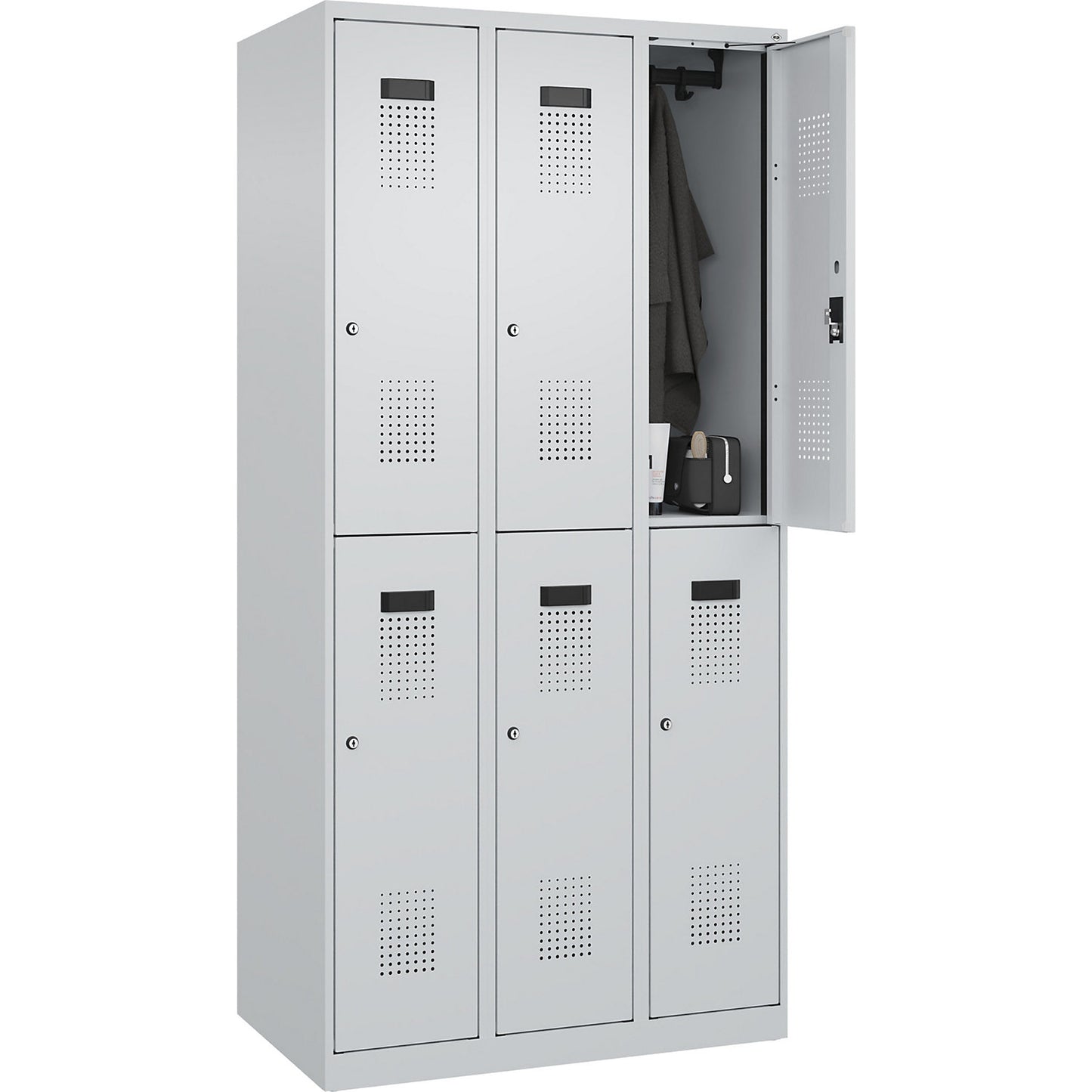Evolo PLUS double deck clothes locker, 3 compartments, light grey, W 900 mm, with floor glides, cylinder lock.