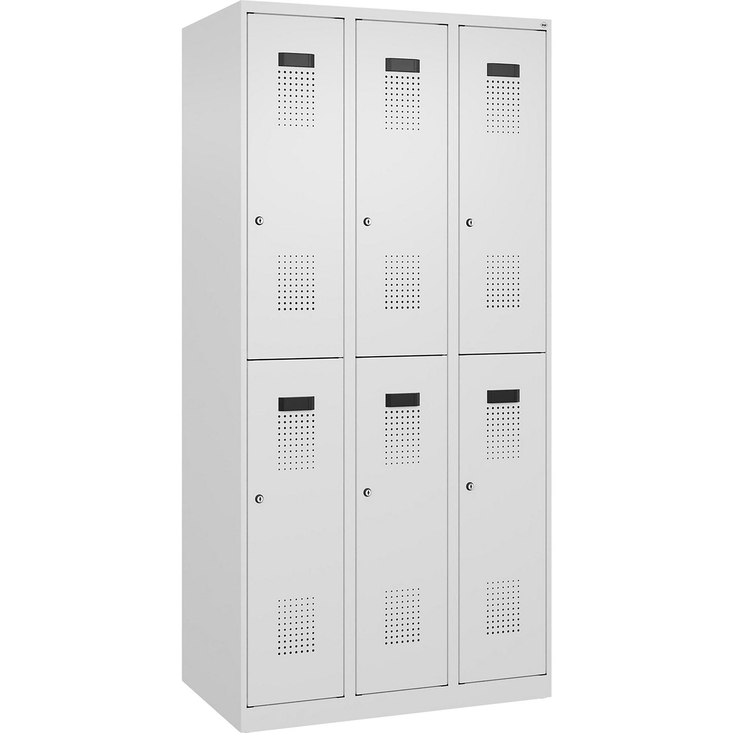 Evolo PLUS double deck clothes locker, 3 compartments, traffic white, W 900 mm, with floor glides, cylinder lock.