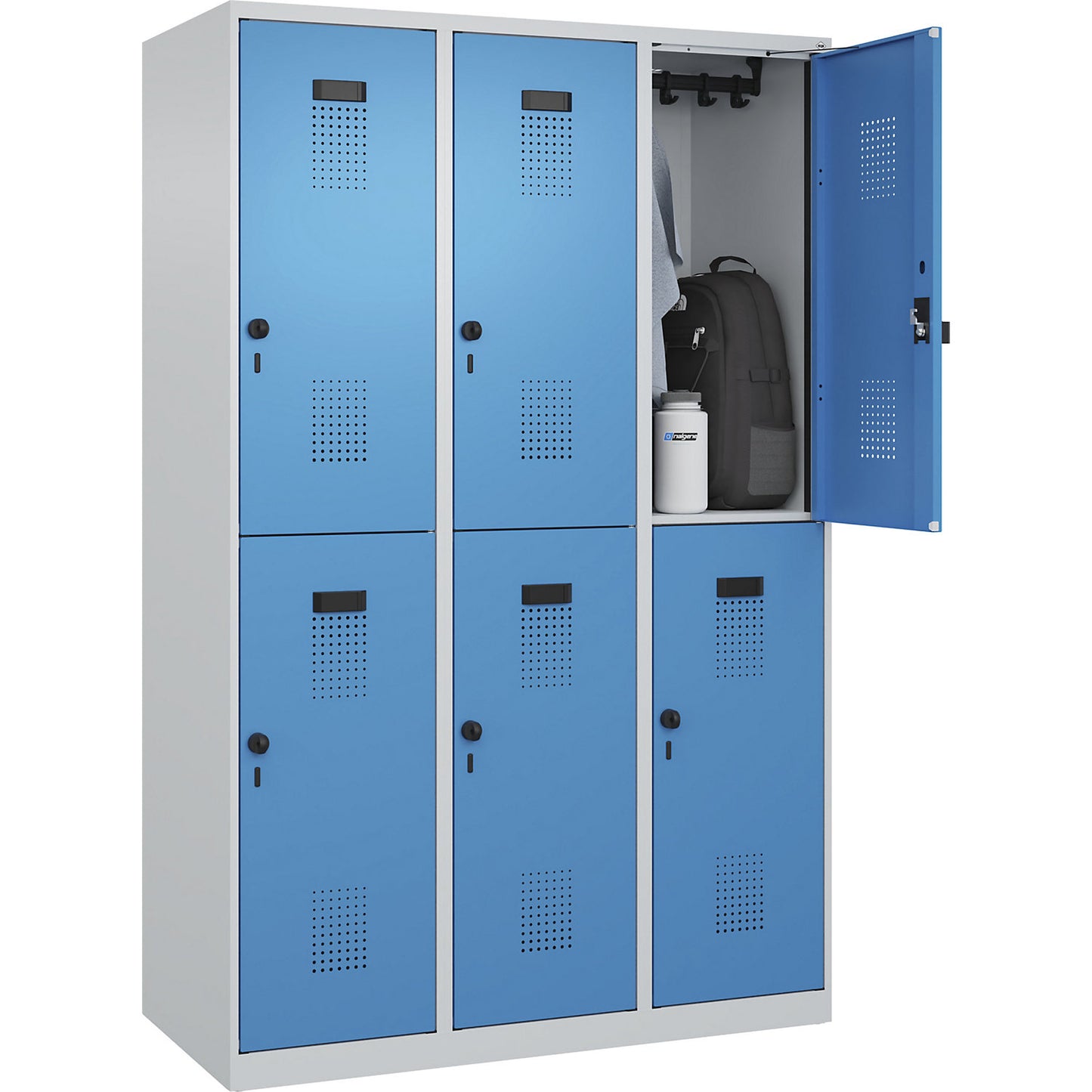 Evolo PLUS double deck clothes locker, 3 compartments, light grey / light blue, W 1200 mm, with floor glides, rotary bolt.