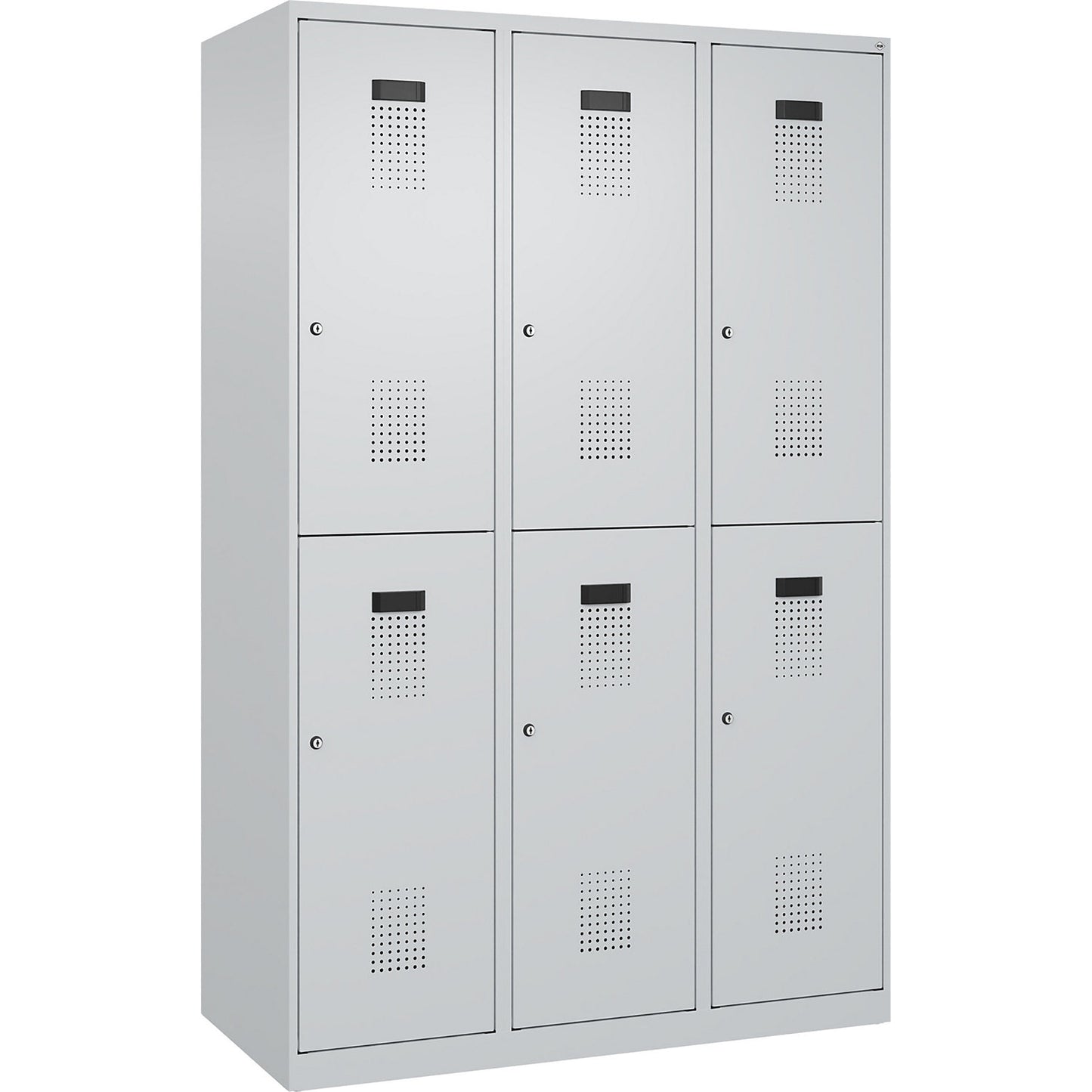 Evolo PLUS double deck clothes locker, 3 compartments, light grey, W 1200 mm, with floor glides, cylinder lock.