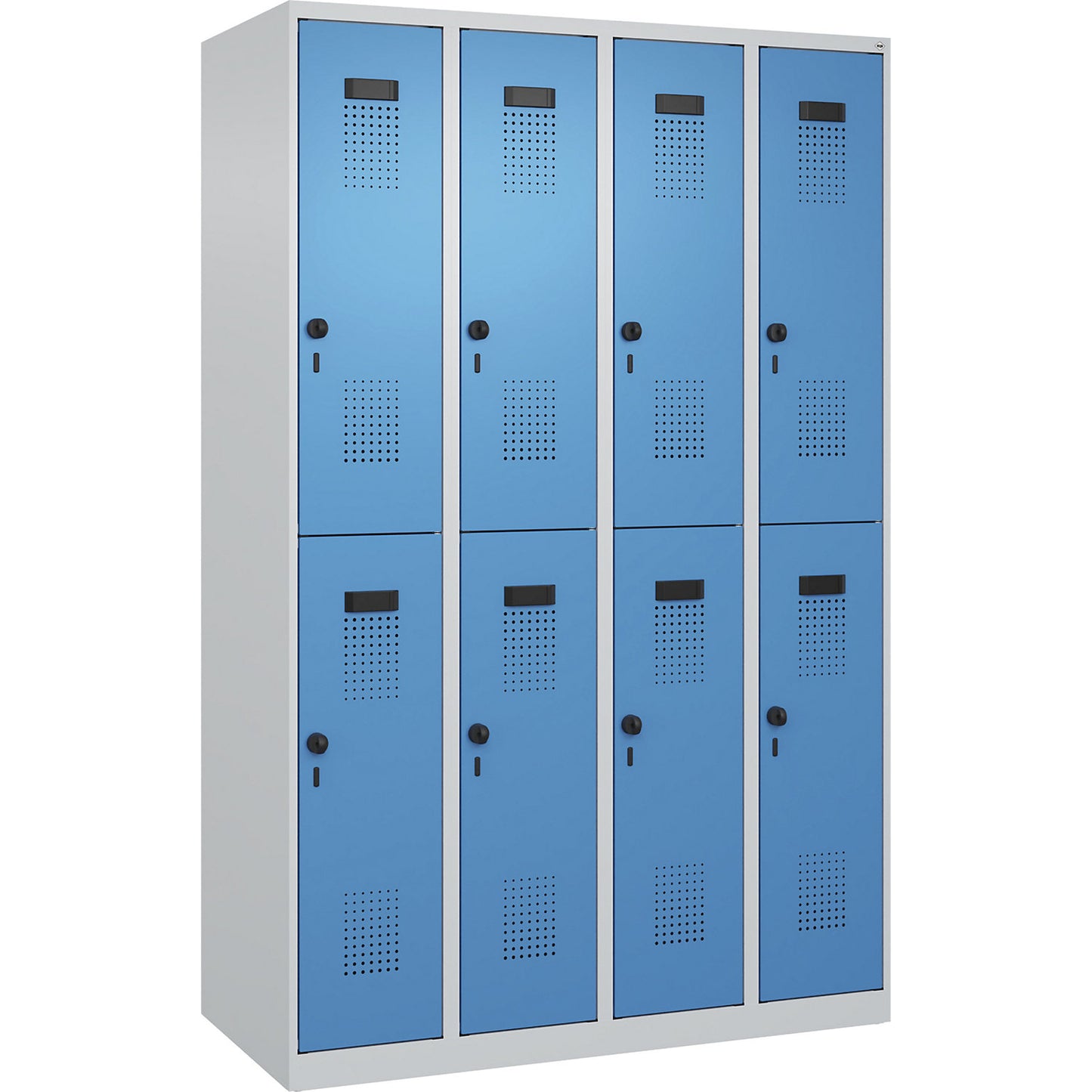 Evolo PLUS double deck clothes locker, 4 compartments, light grey / light blue, W 1200 mm, with floor glides, rotary bolt.
