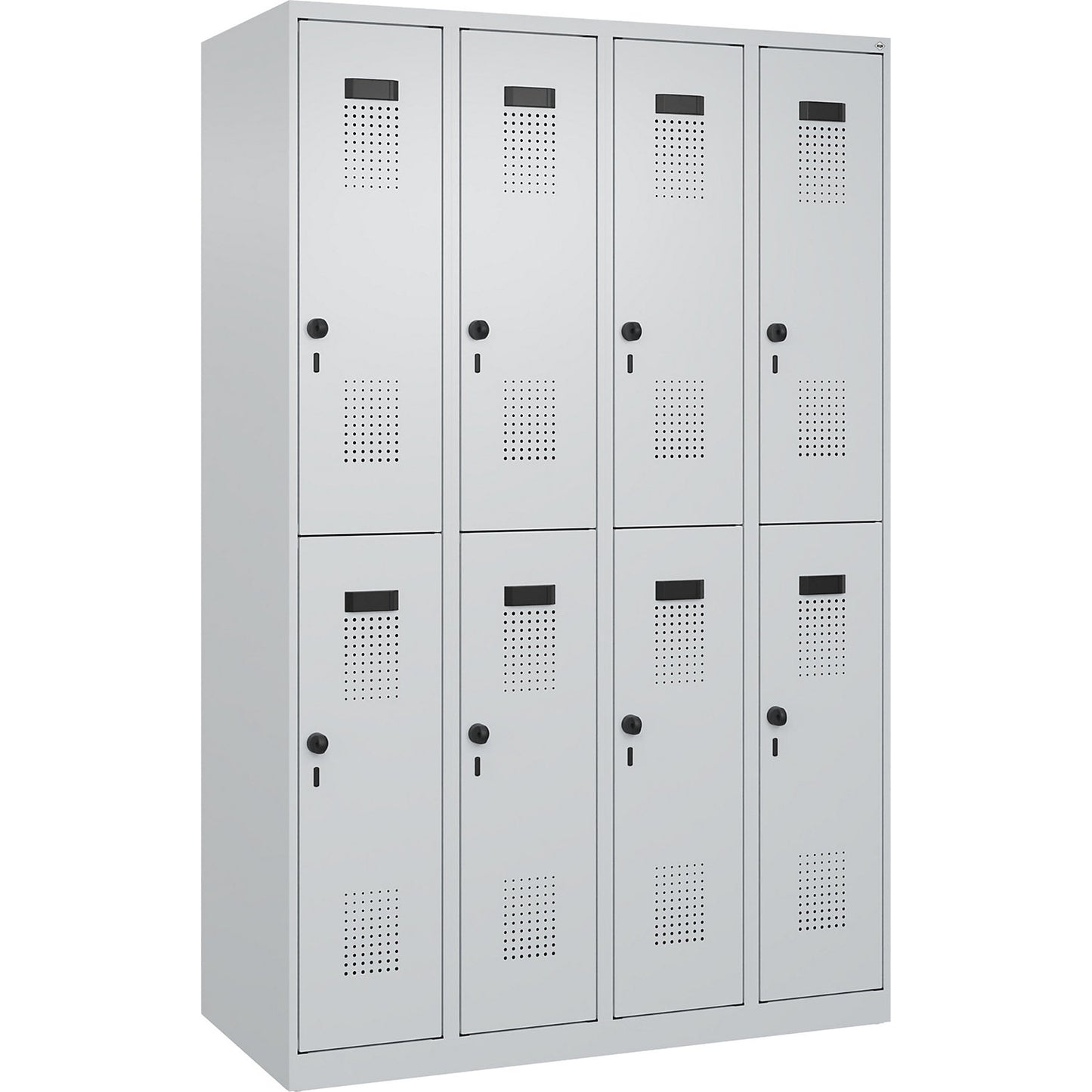 Evolo PLUS double deck clothes locker, 4 compartments, light grey, W 1200 mm, with floor glides, rotary bolt.