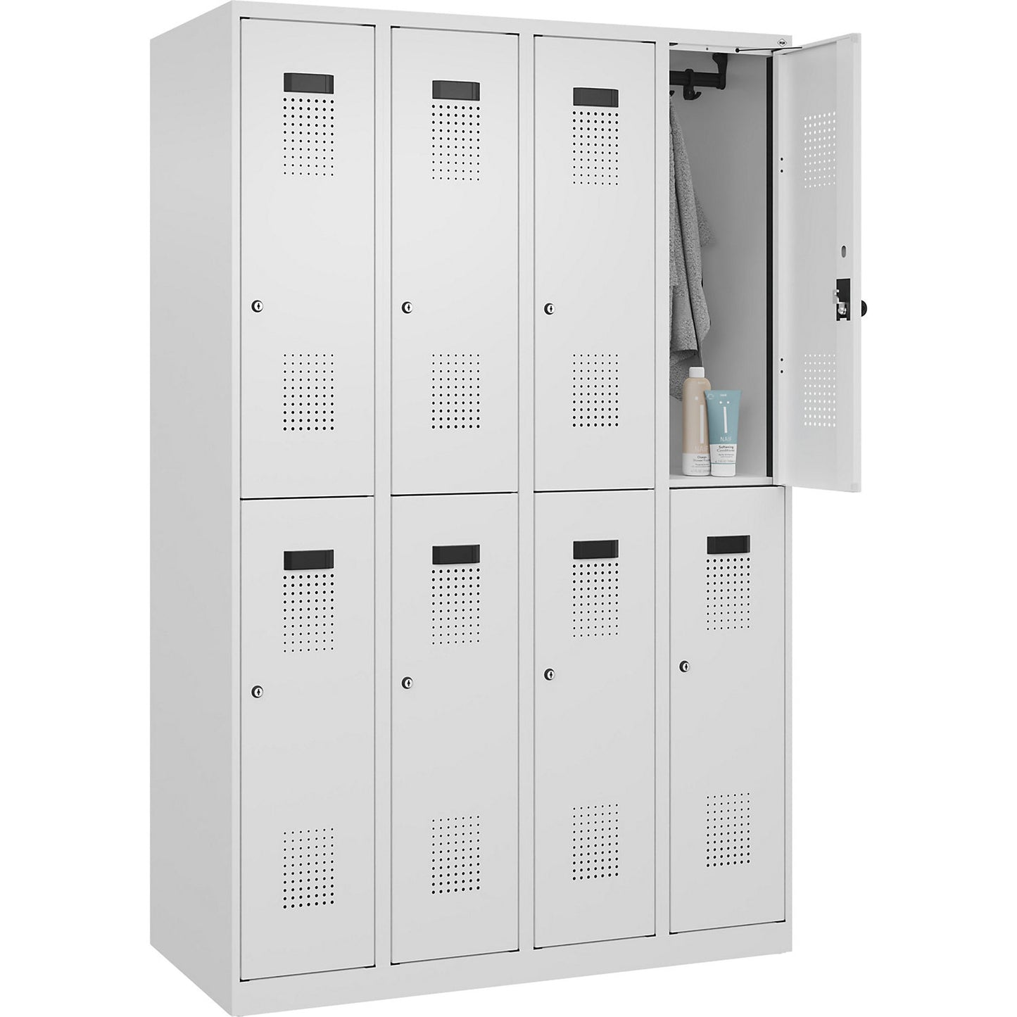 Evolo PLUS double deck clothes locker, 4 compartments, traffic white, W 1200 mm, with floor glides, cylinder lock.