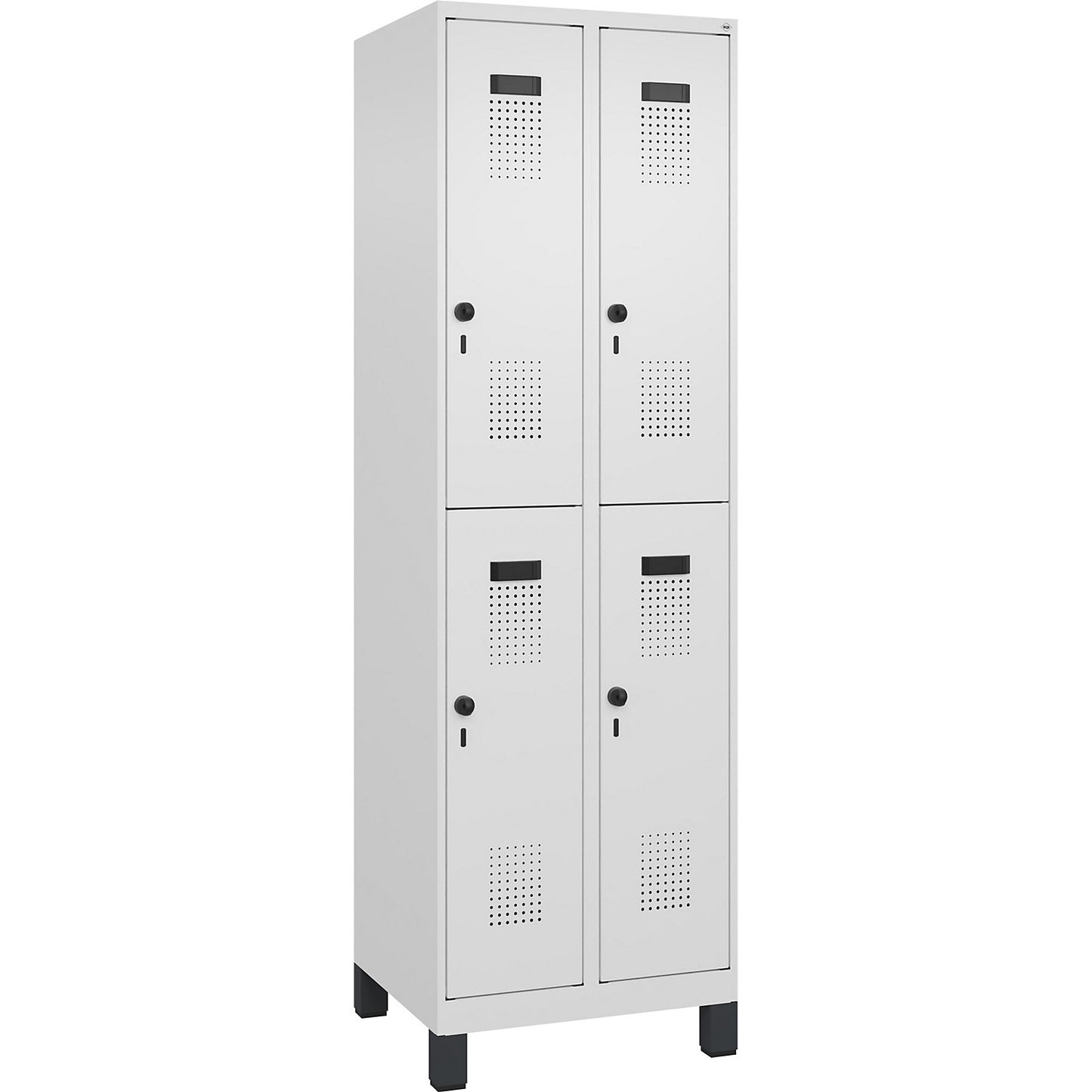 Evolo PLUS double deck clothes locker, 2 compartments, traffic white, W 600 mm, with wide feet, rotary bolt.