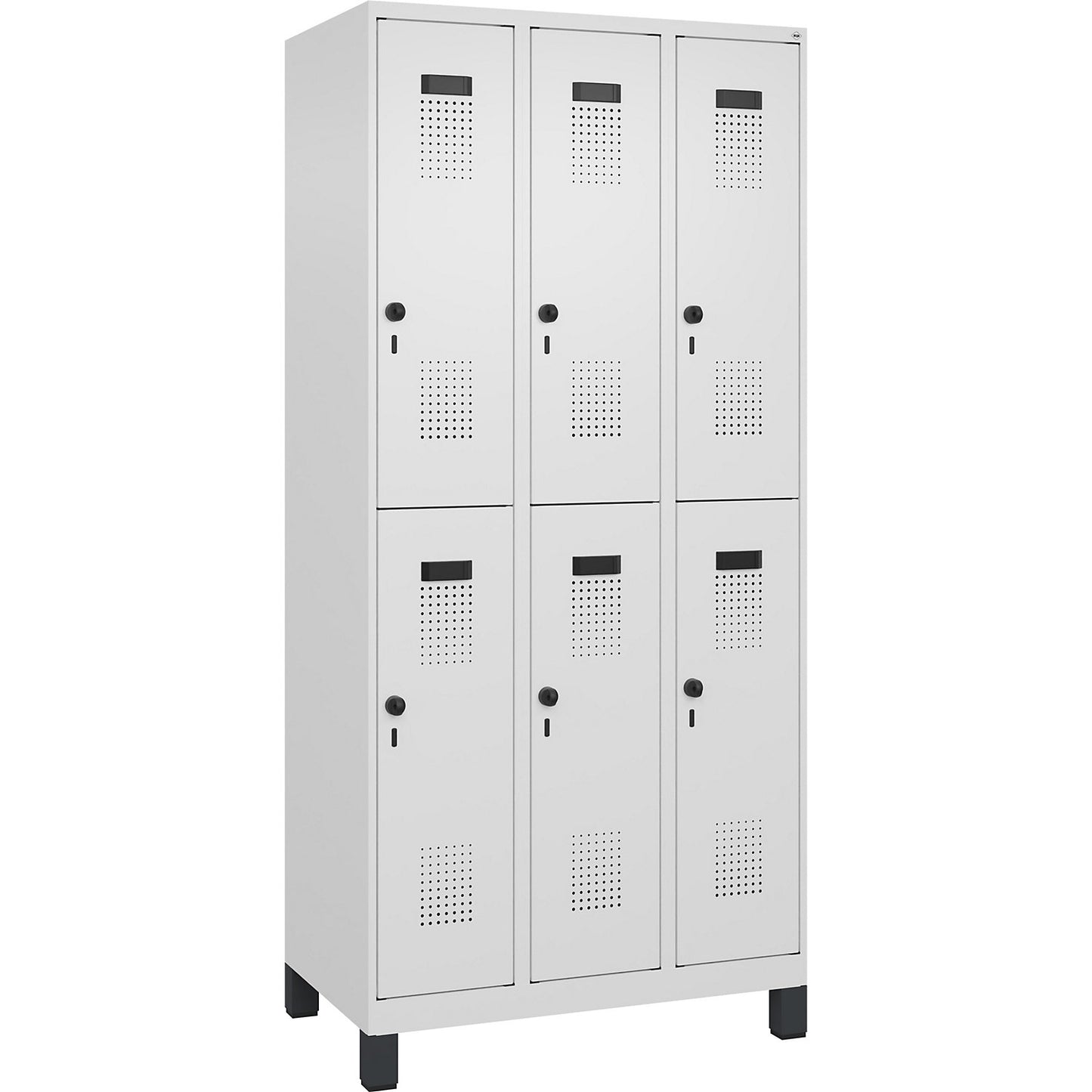 Evolo PLUS double deck clothes locker, 3 compartments, traffic white, W 900 mm, with wide feet, rotary bolt.