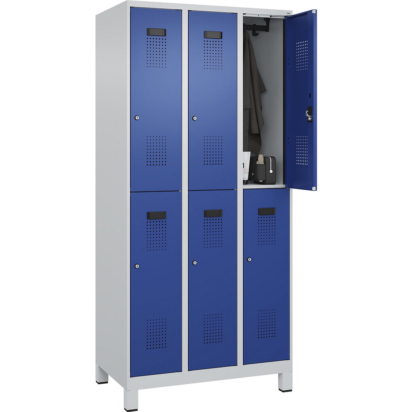 Evolo PLUS double deck clothes locker, 3 compartments, light grey / gentian blue, W 900 mm, with wide feet, cylinder lock.