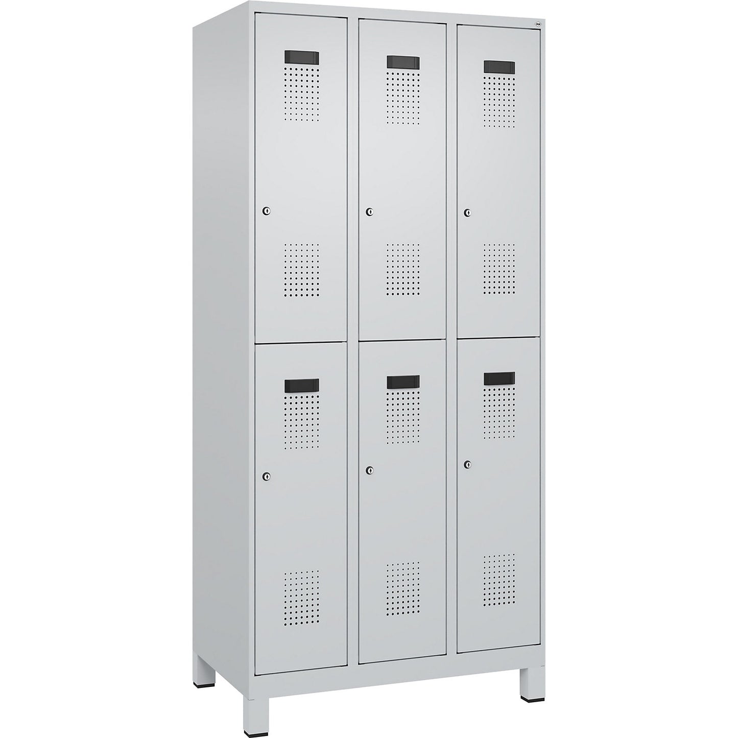 Evolo PLUS double deck clothes locker, 3 compartments, light grey, W 900 mm, with wide feet, cylinder lock.