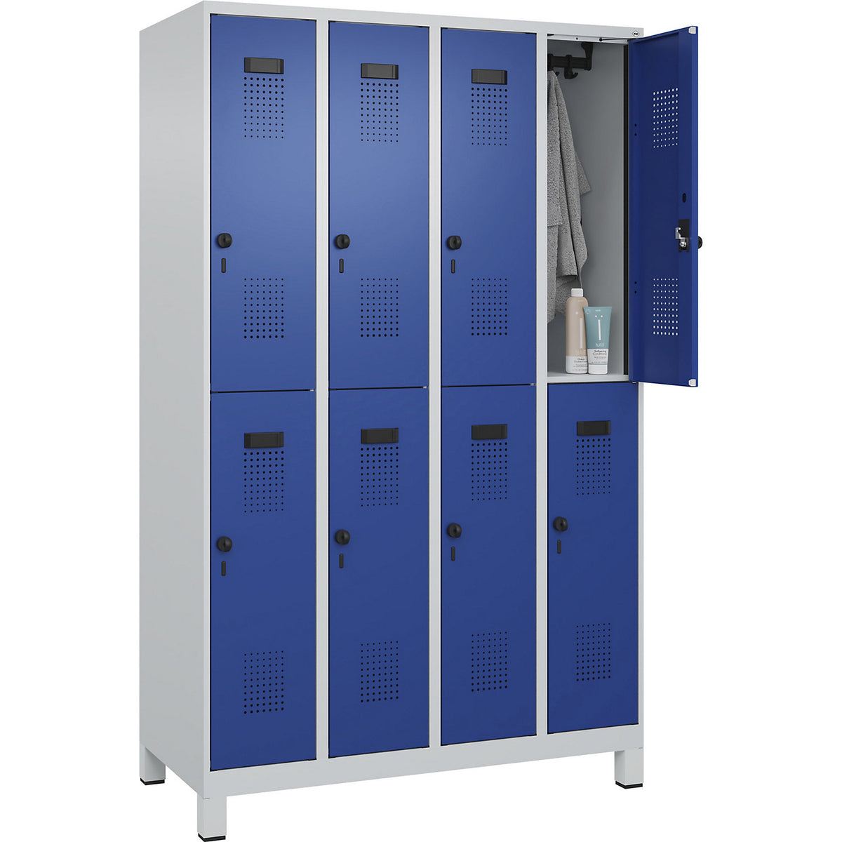 Evolo PLUS double deck clothes locker, 4 compartments, light grey / gentian blue, W 1200 mm, with wide feet, rotary bolt.