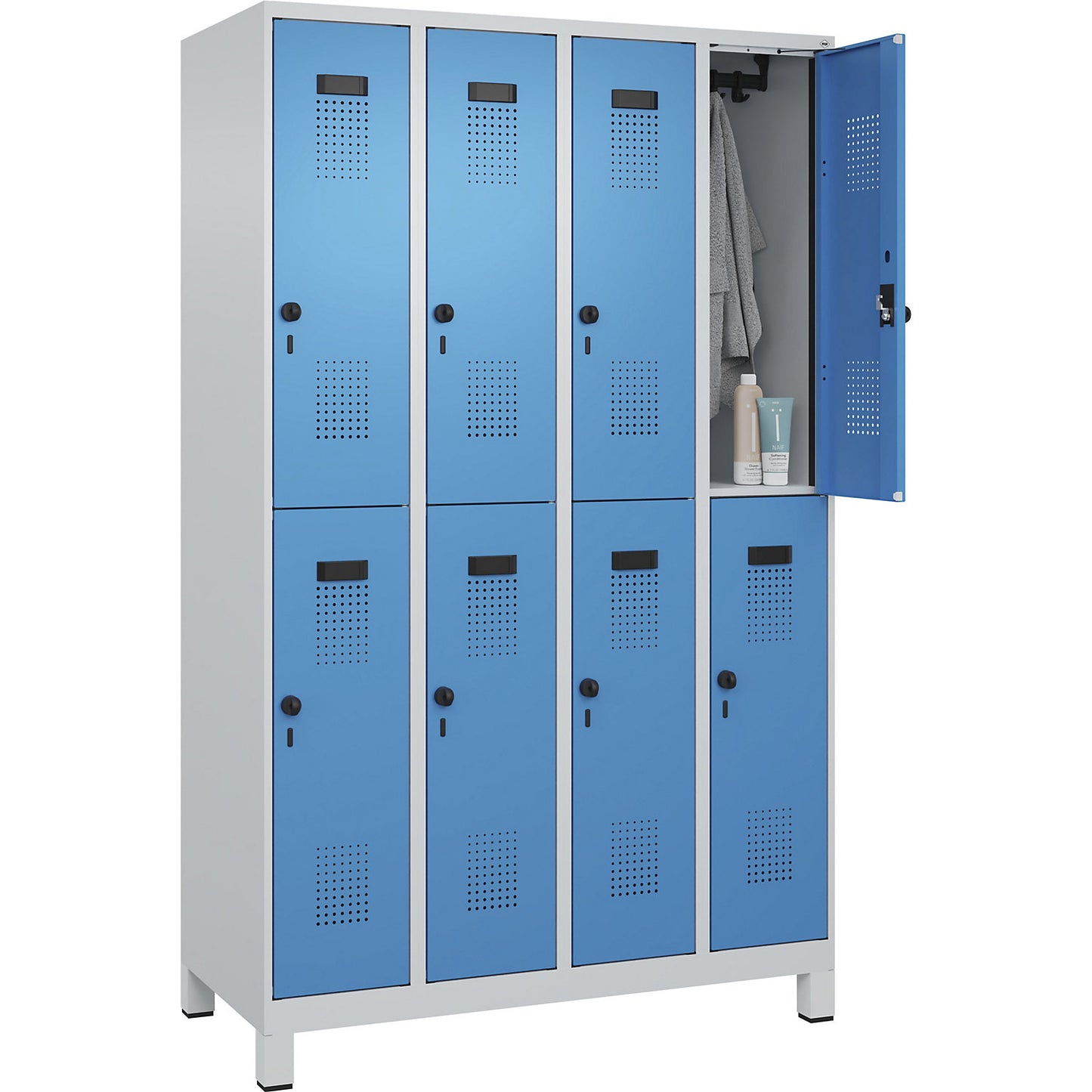 Evolo PLUS double deck clothes locker, 4 compartments, light grey / light blue, W 1200 mm, with wide feet, rotary bolt.