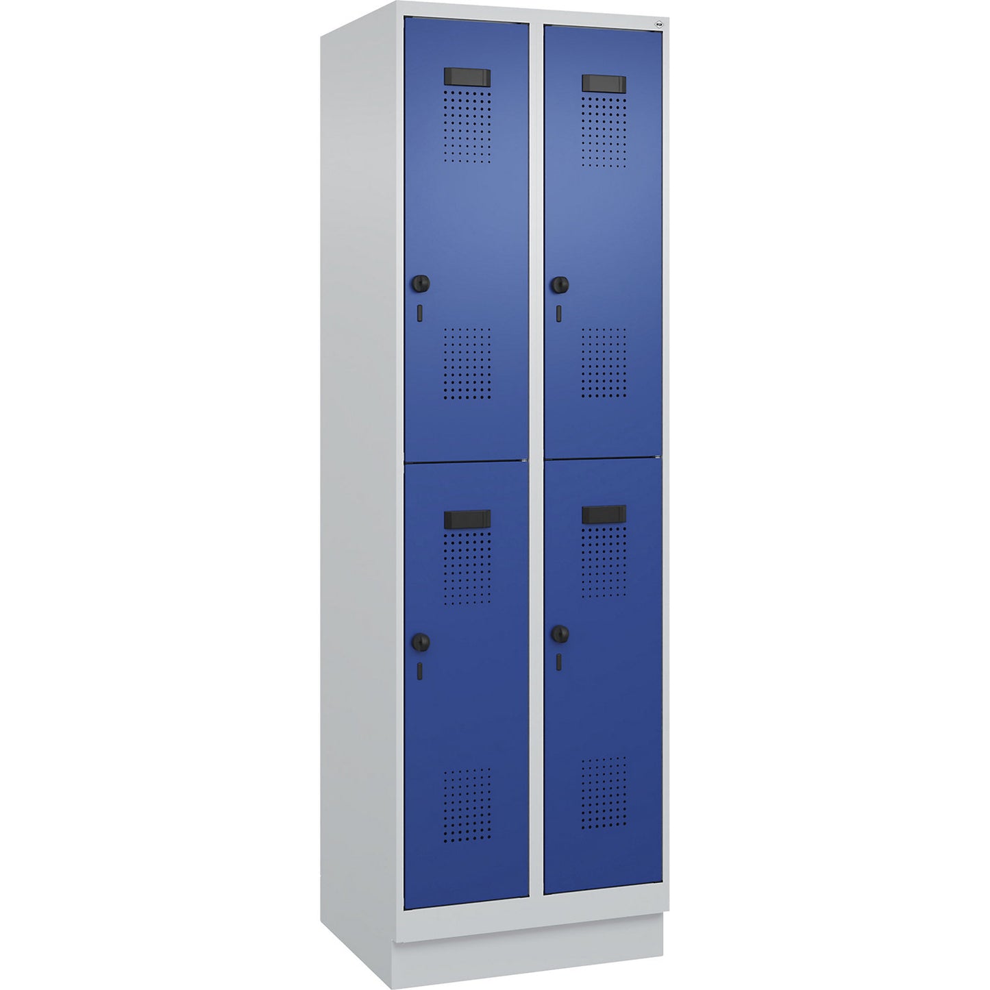 Evolo PLUS double deck clothes locker, 2 compartments, light grey / gentian blue, W 600 mm, with base plinth, rotary bolt.