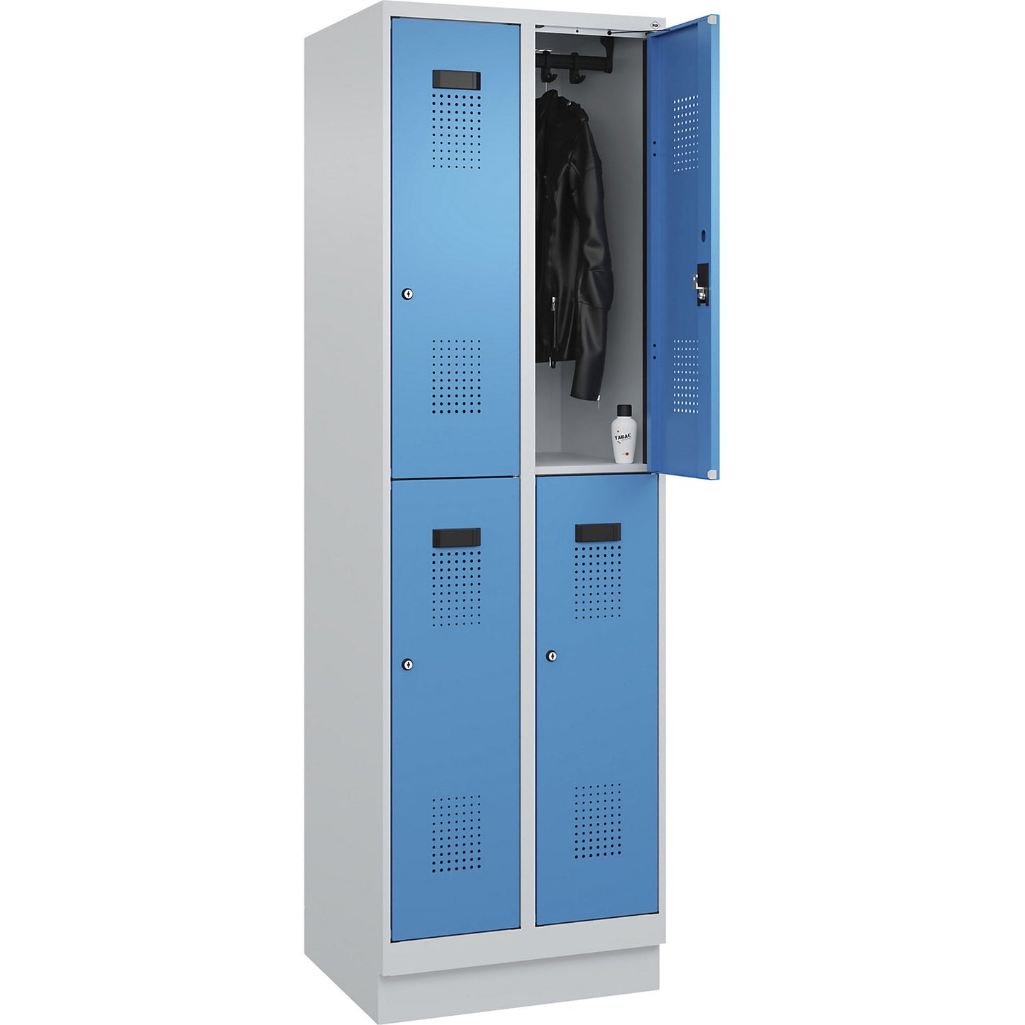Evolo PLUS double deck clothes locker, 2 compartments, light grey / light blue, W 600 mm, with base plinth, cylinder lock.