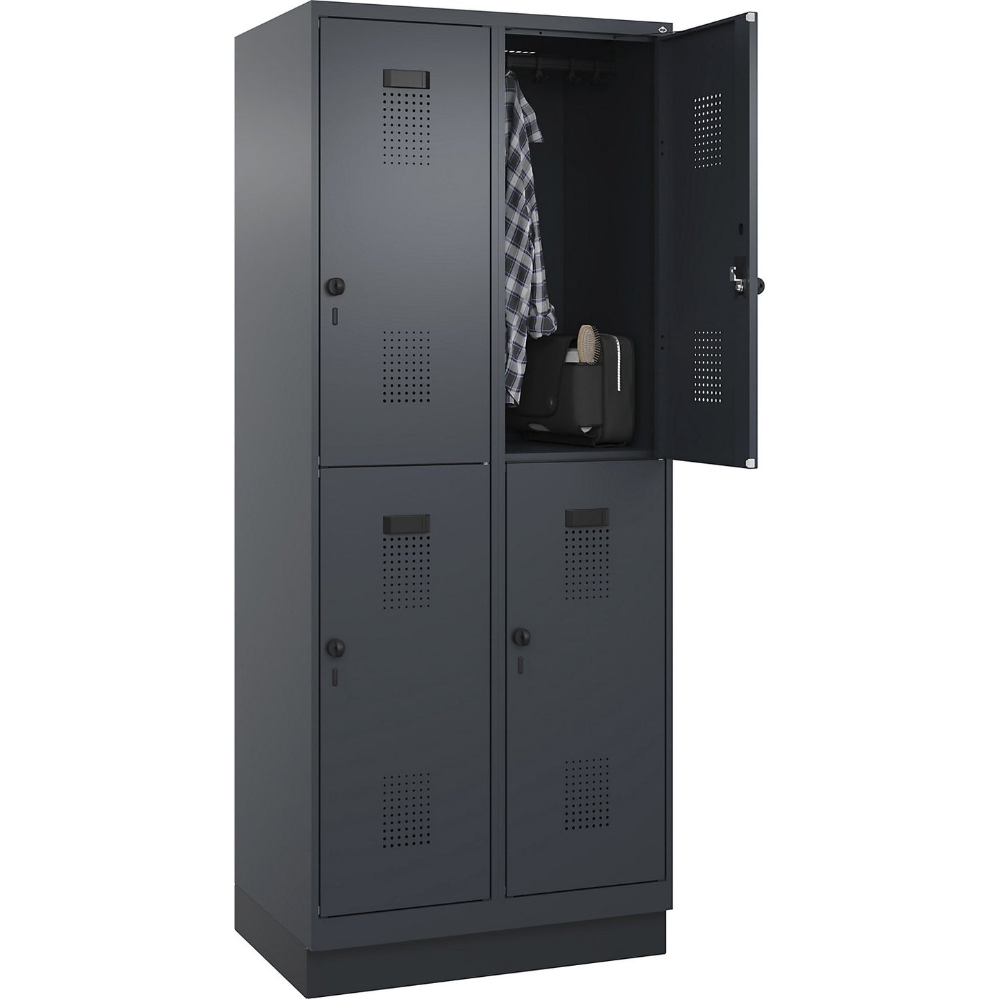 Evolo PLUS double deck clothes locker, 2 compartments, grey, W 800 mm, with base plinth, rotary bolt.
