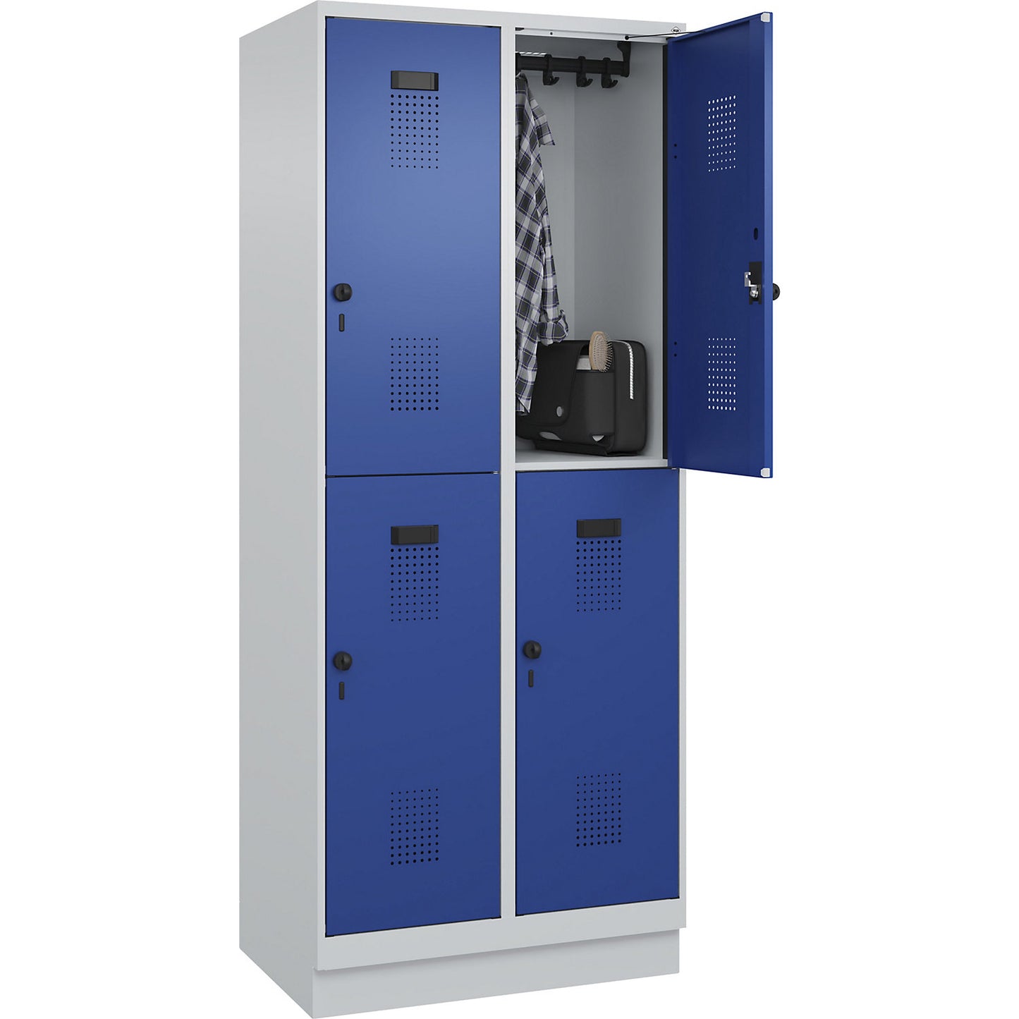 Evolo PLUS double deck clothes locker, 2 compartments, light grey / gentian blue, W 800 mm, with base plinth, rotary bolt.