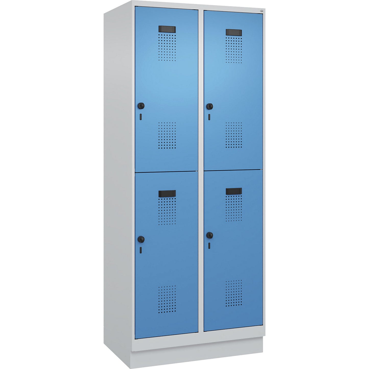 Evolo PLUS double deck clothes locker, 2 compartments, light grey / light blue, W 800 mm, with base plinth, rotary bolt.