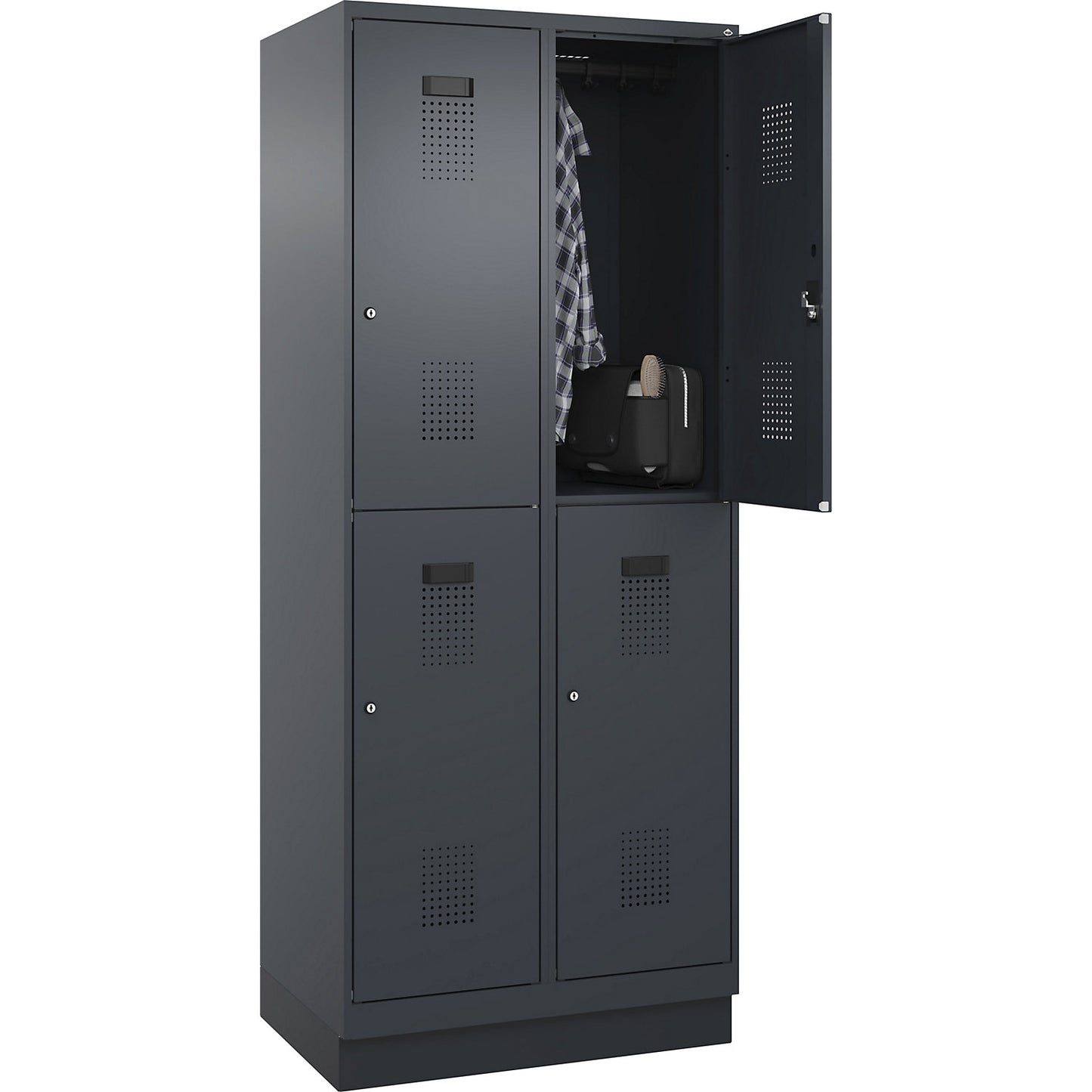 Evolo PLUS double deck clothes locker, 2 compartments, grey, W 800 mm, with base plinth, cylinder lock.