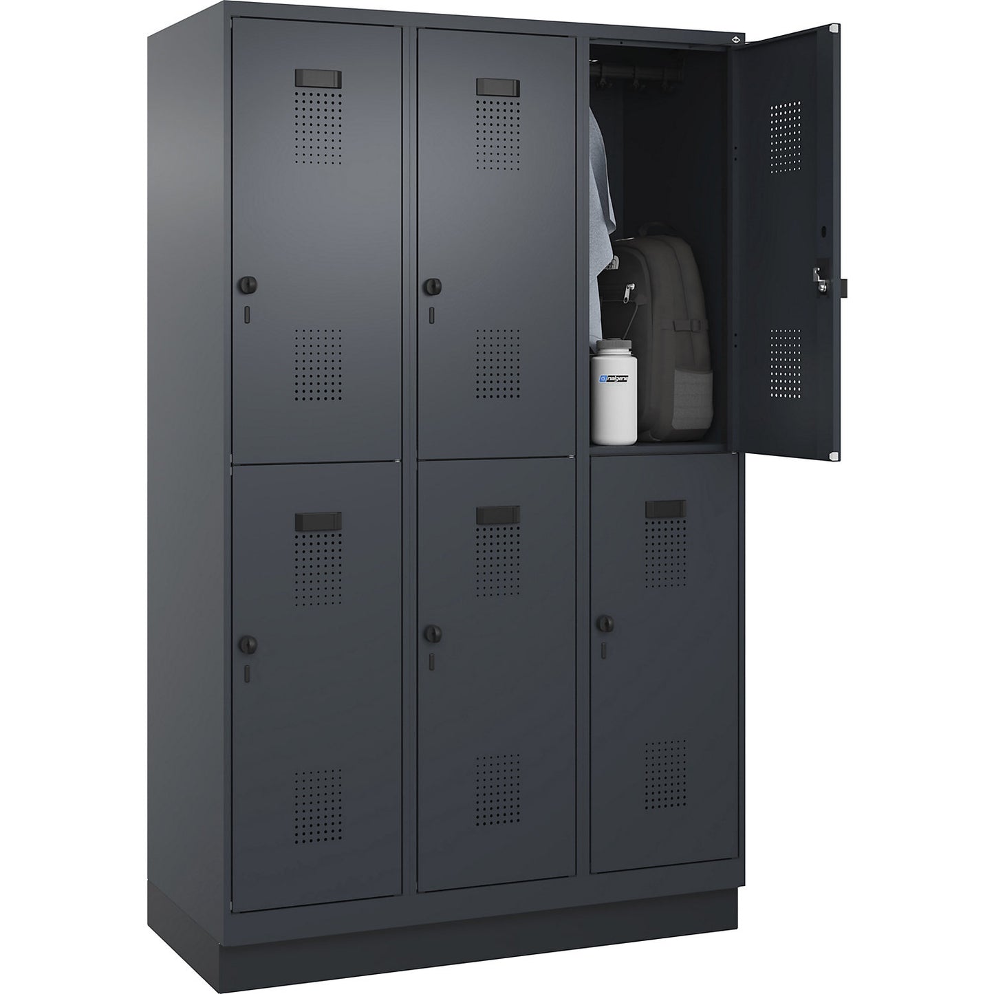 Evolo PLUS double deck clothes locker, 3 compartments, grey, W 1200 mm, with base plinth, rotary bolt.