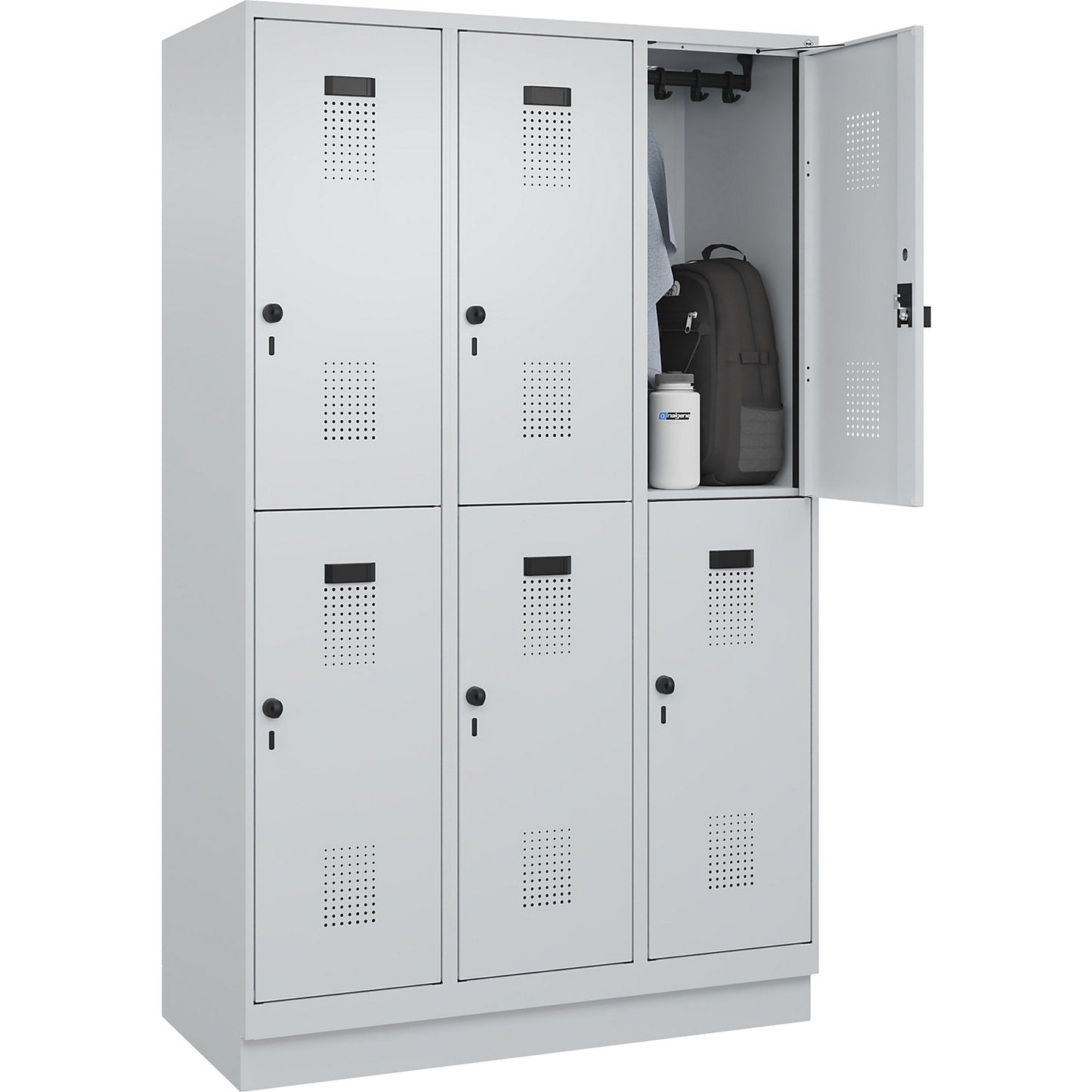 Evolo PLUS double deck clothes locker, 3 compartments, light grey, W 1200 mm, with base plinth, rotary bolt.