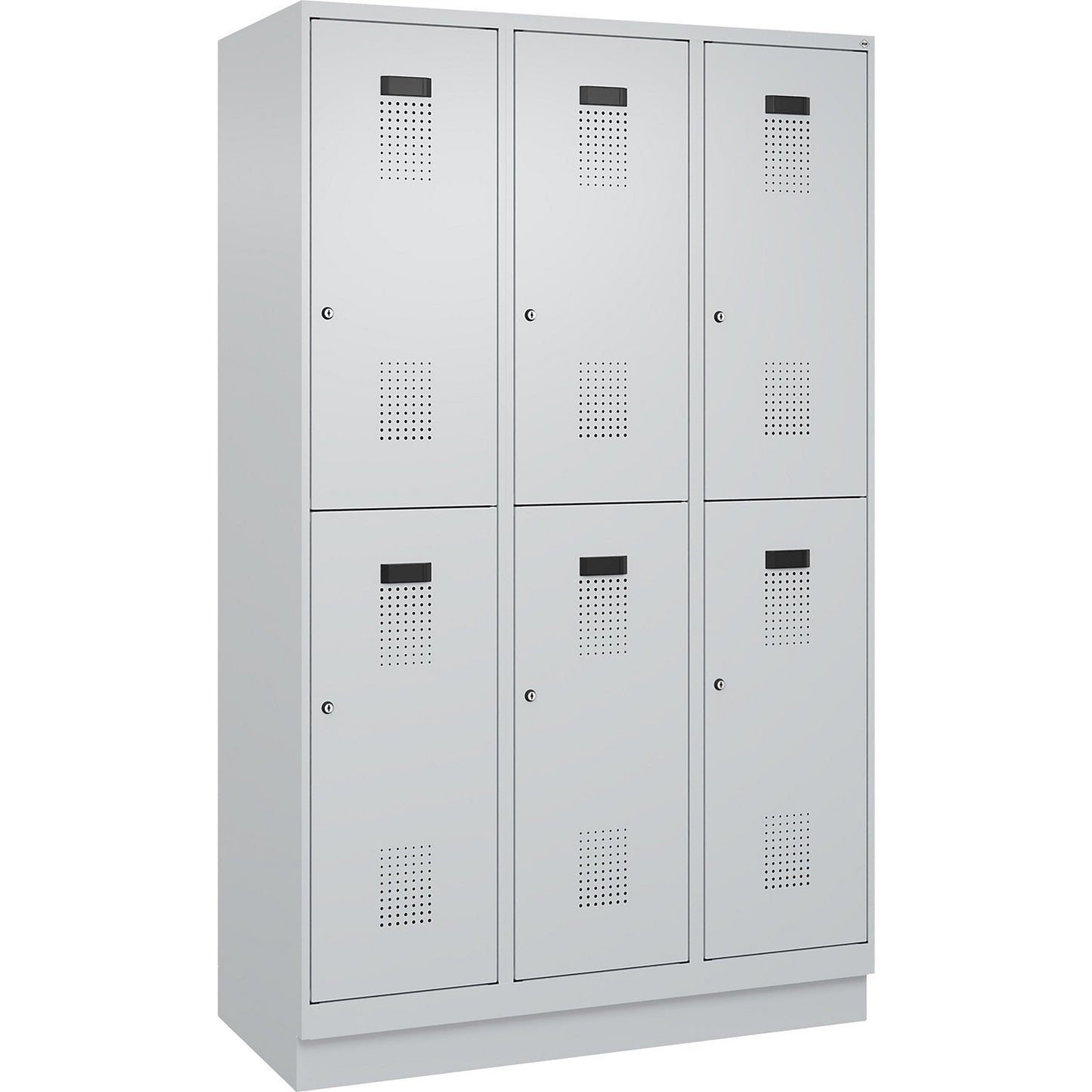 Evolo PLUS double deck clothes locker, 3 compartments, light grey, W 1200 mm, with base plinth, cylinder lock.