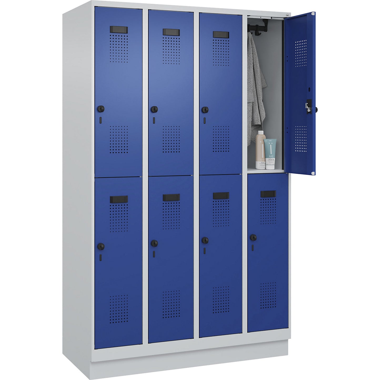 Evolo PLUS double deck clothes locker, 4 compartments, light grey / gentian blue, W 1200 mm, with base plinth, rotary bolt.