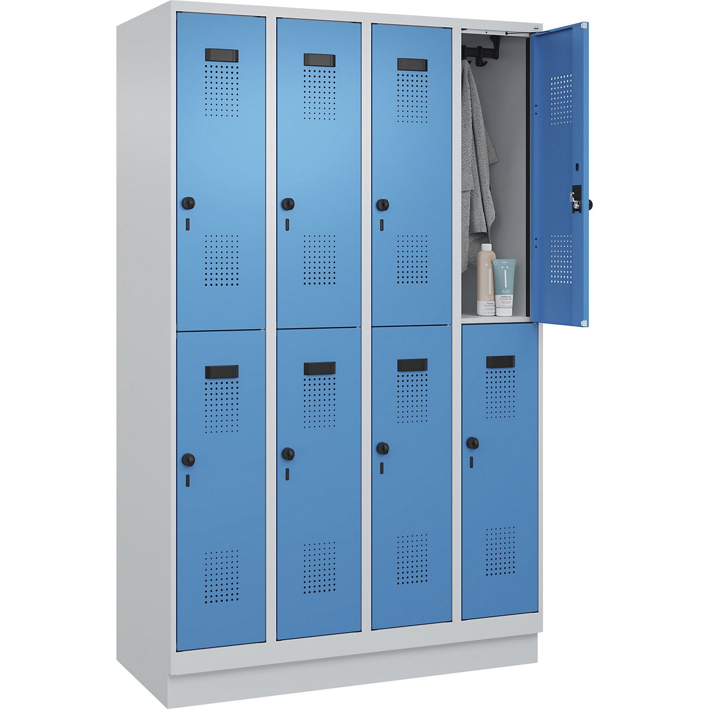 Evolo PLUS double deck clothes locker, 4 compartments, light grey / light blue, W 1200 mm, with base plinth, rotary bolt.