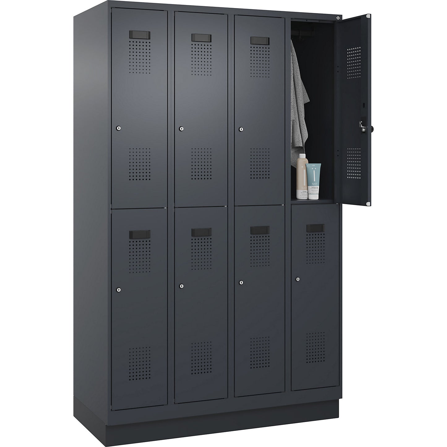 Evolo PLUS double deck clothes locker, 4 compartments, grey, W 1200 mm, with base plinth, cylinder lock.