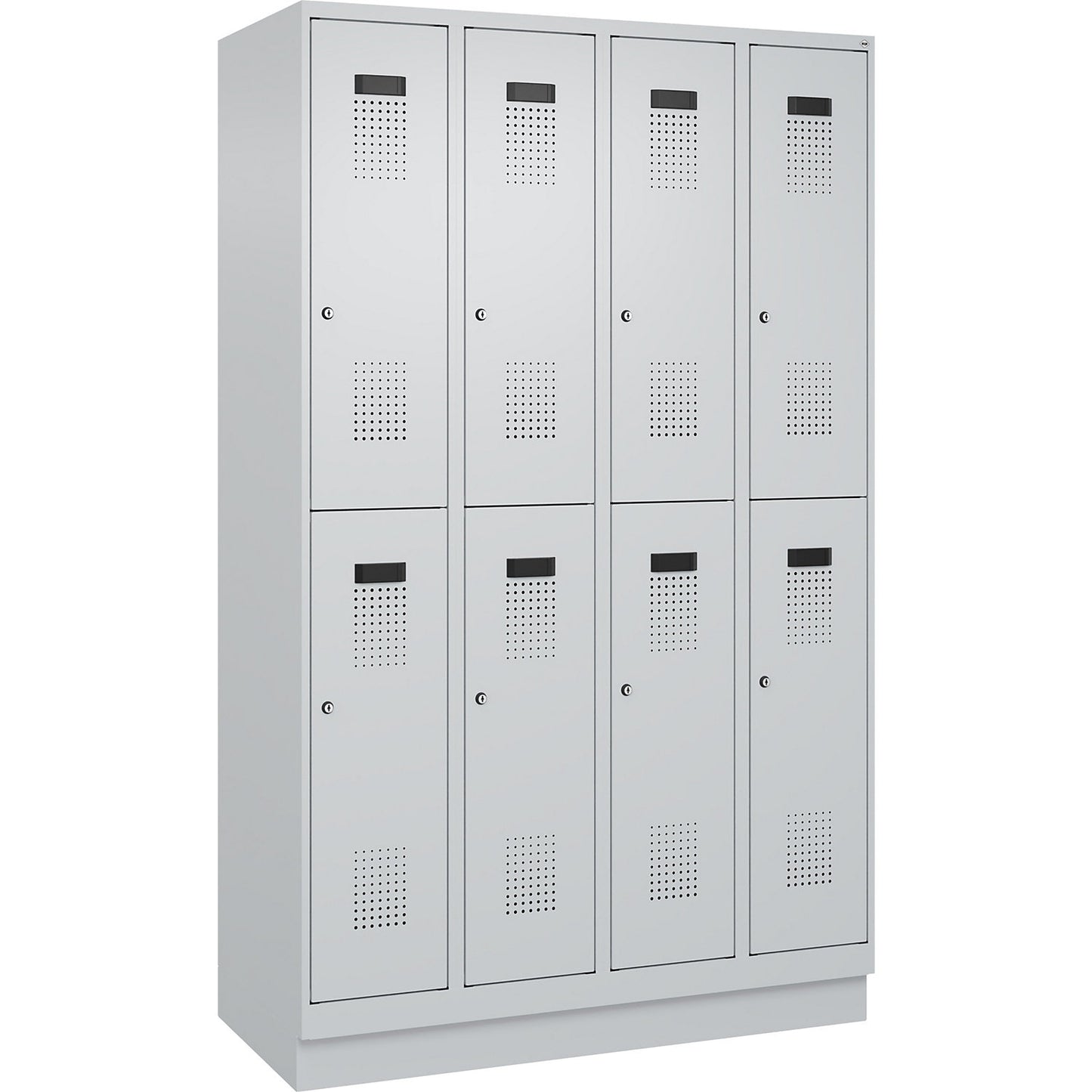 Evolo PLUS double deck clothes locker, 4 compartments, light grey, W 1200 mm, with base plinth, cylinder lock.