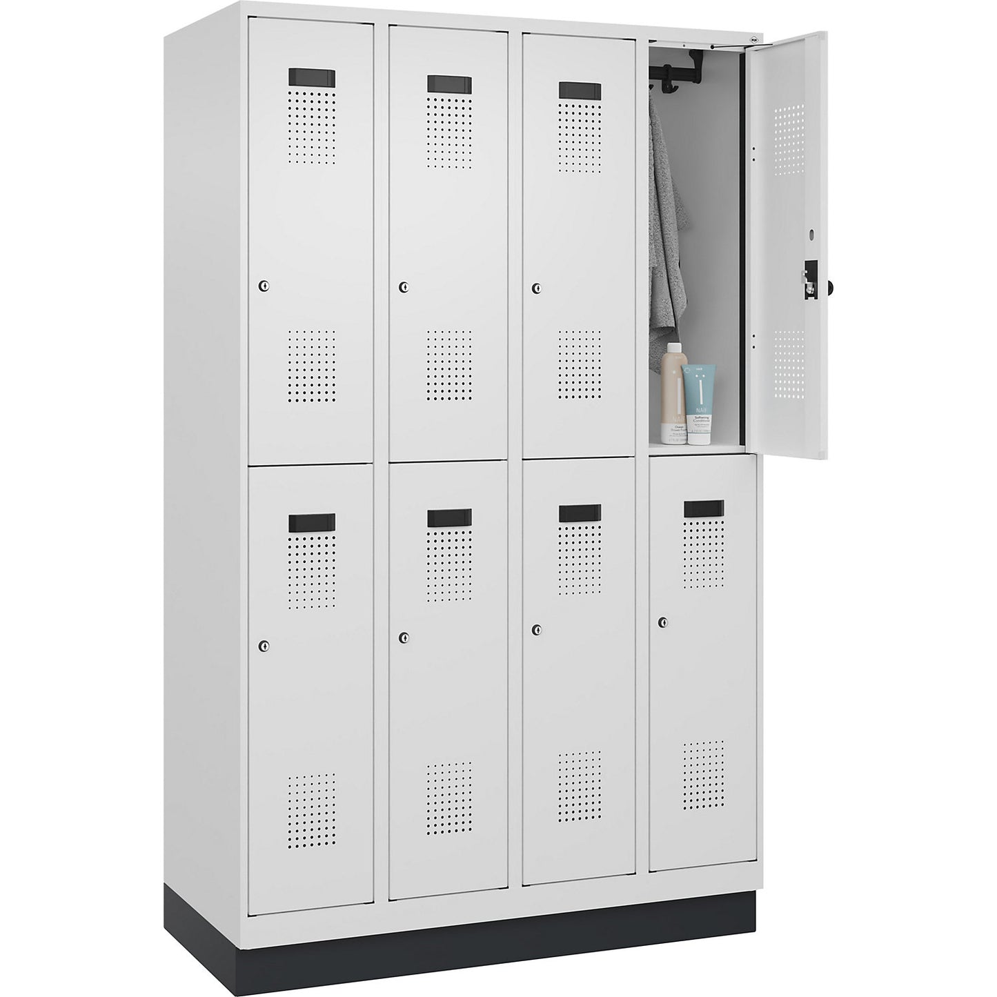 Evolo PLUS double deck clothes locker, 4 compartments, traffic white, W 1200 mm, with base plinth, cylinder lock.