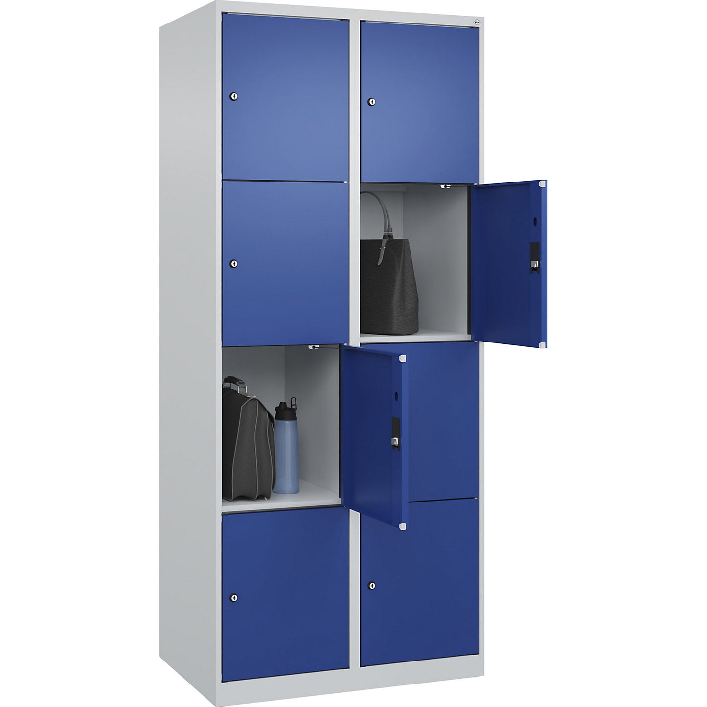 Evolo PLUS 4-fold compartment locker, 2 compartments, light grey / gentian blue, W 800 mm, 8 compartments, with floor glides, cylinder lock.