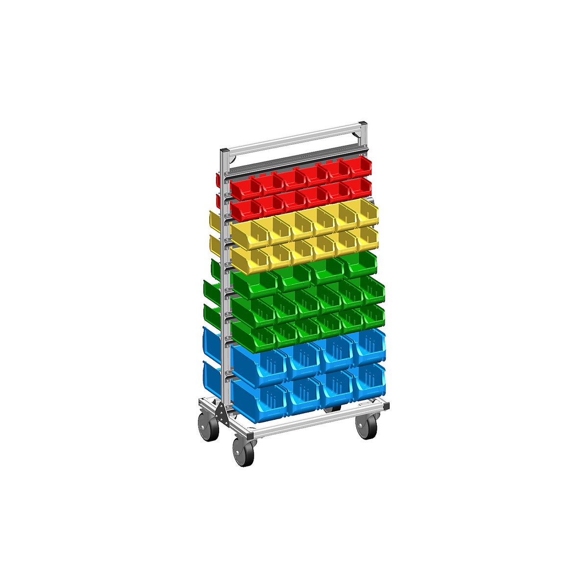 Aluminium mobile rack with open fronted storage bins, double sided, with 96 bins.