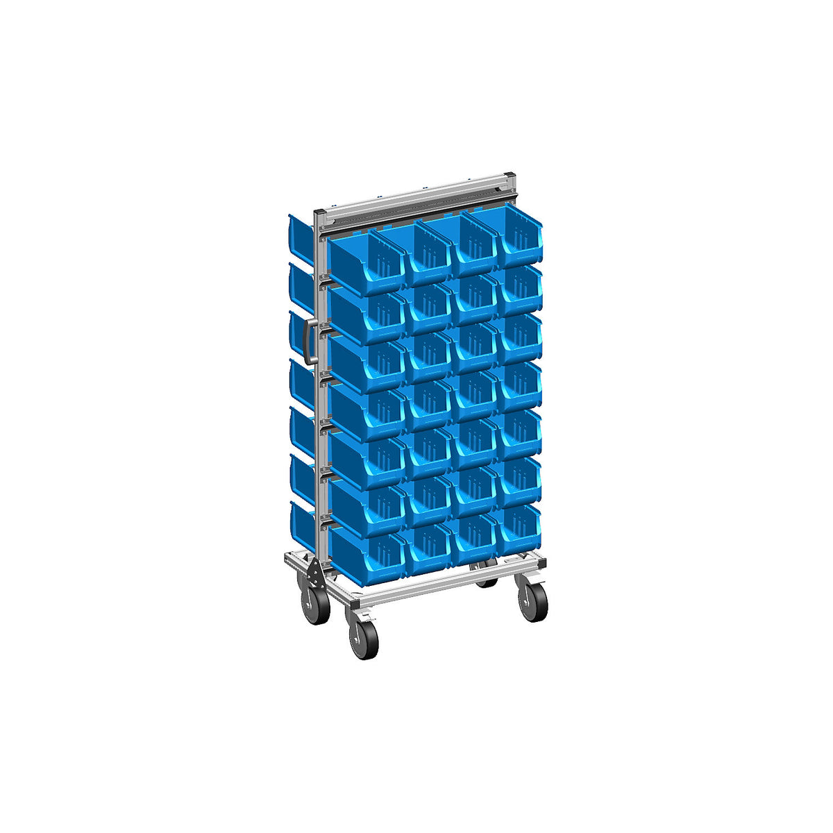 Aluminium mobile rack with open fronted storage bins, double sided, with 56 bins.