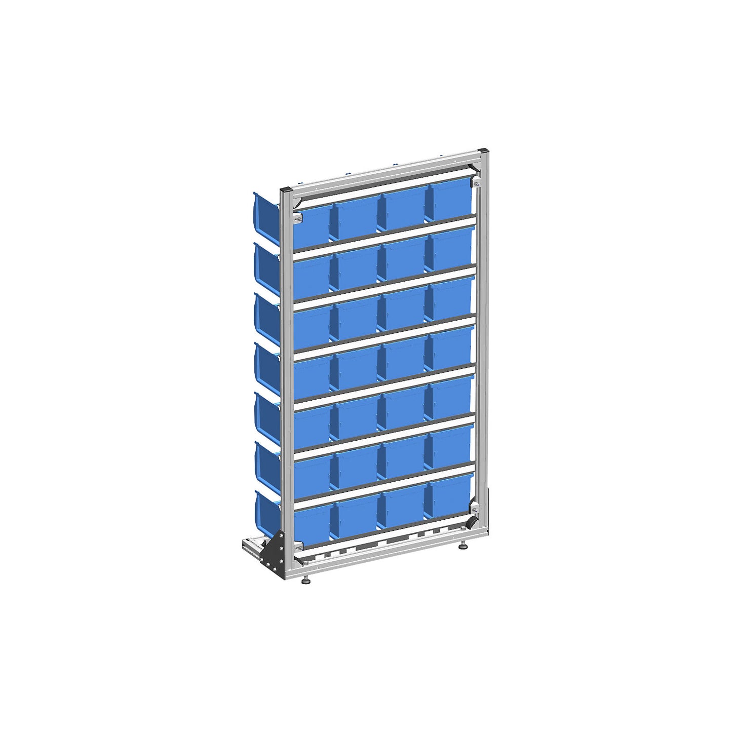 Free standing shelf unit with open fronted storage bins, single sided, with 28 bins.