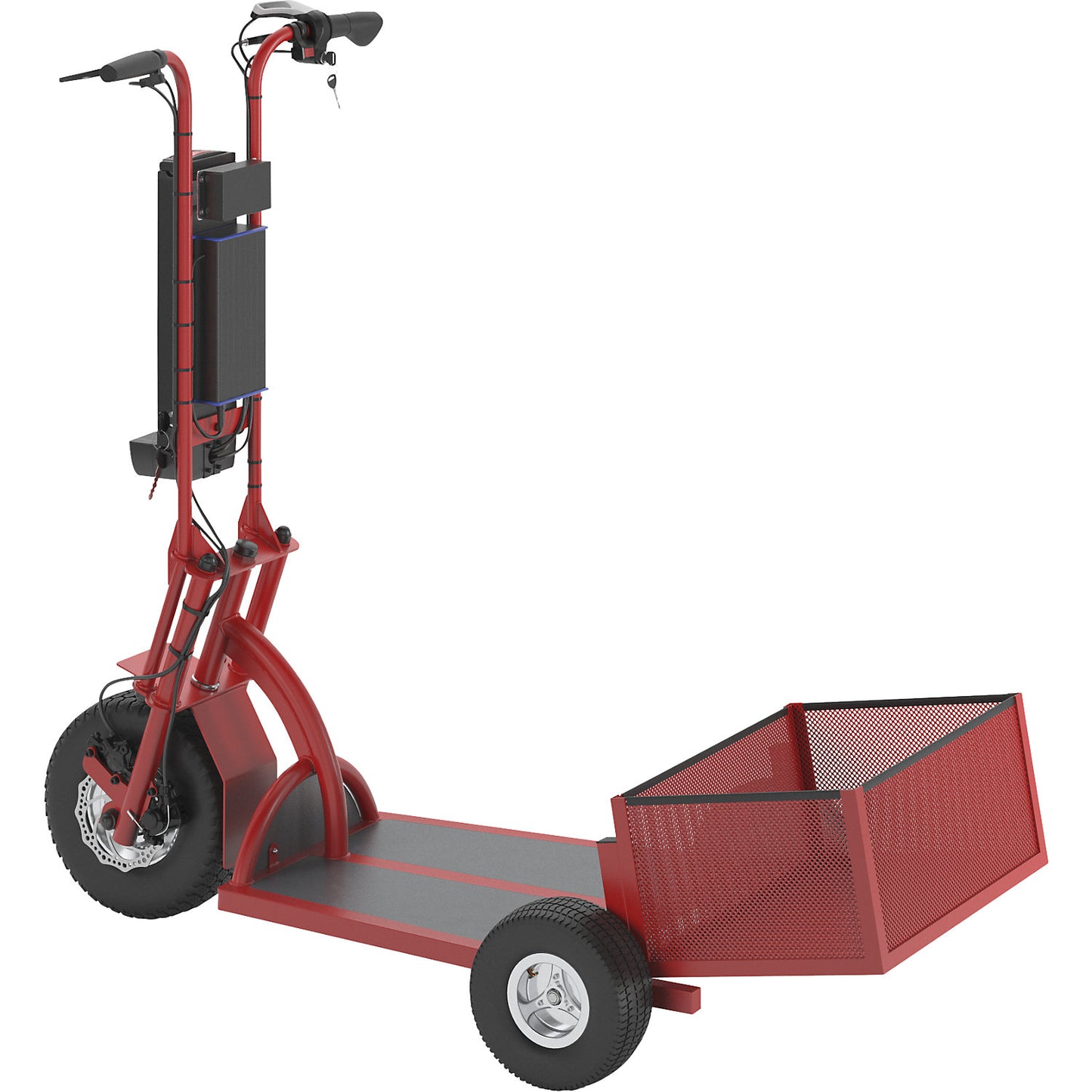PRO electric transport dolly, 800 W, 3 wheels, with basket at rear, red.