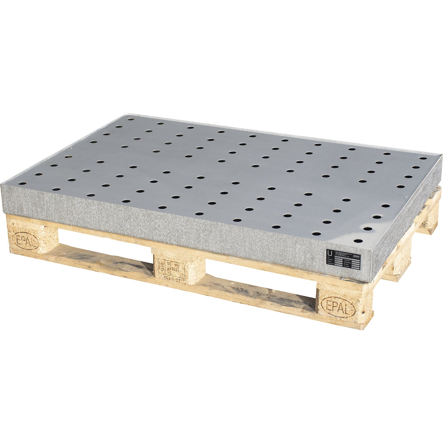 Small container tray for pallets, made of stainless steel, capacity 72 l, with perforated stainless steel grate.