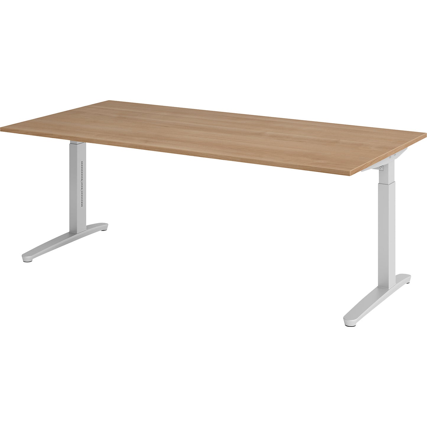 ANNY - Desk with C-foot frame, height adjustable 650 - 850 mm, width 2000 mm, aluminium silver / walnut.