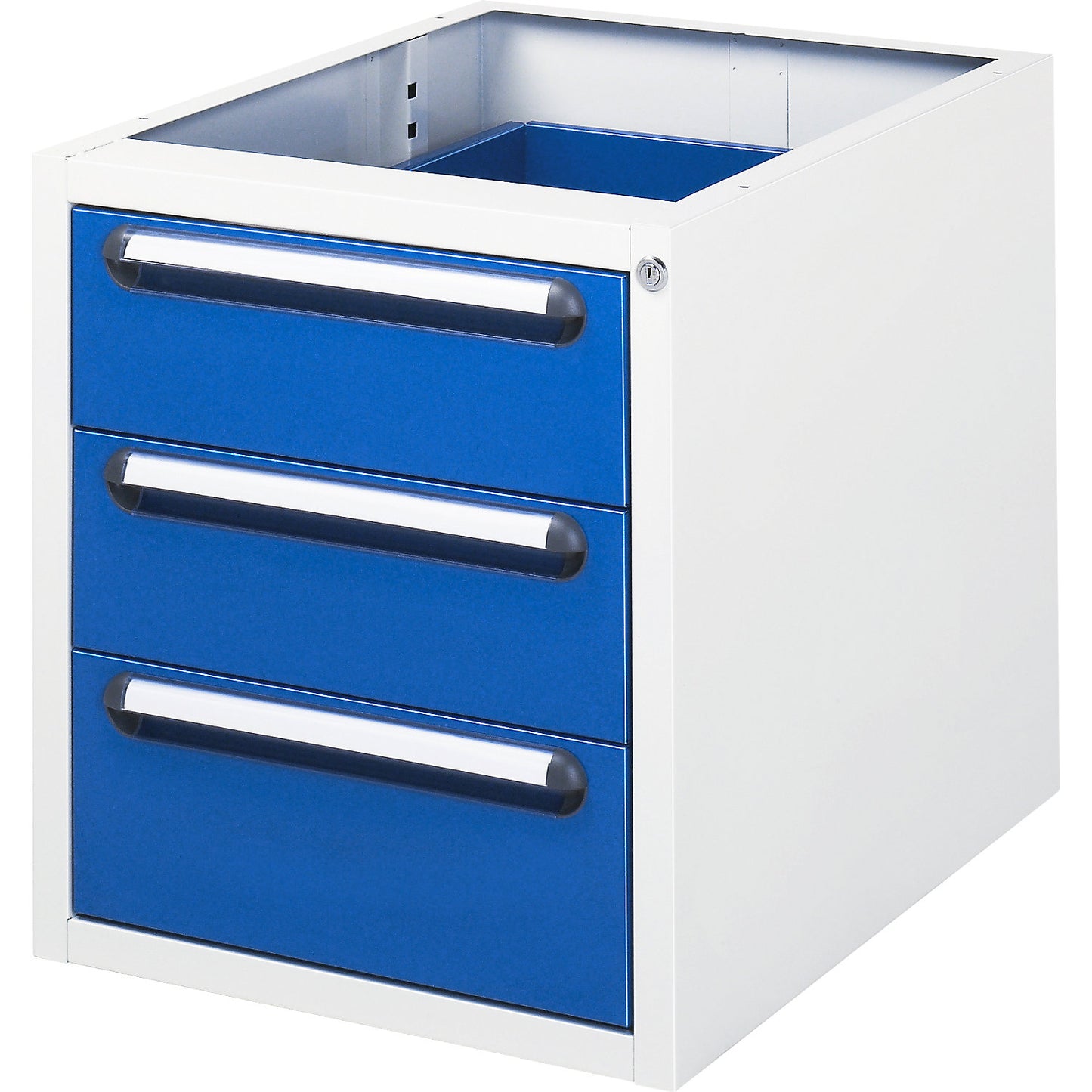 Work table with drawer cupboard, base container with 3 drawers 2 x 150, 1 x 180 mm, WxD 1000 x 800 mm, solid beech wood panel, thickness 25 mm.