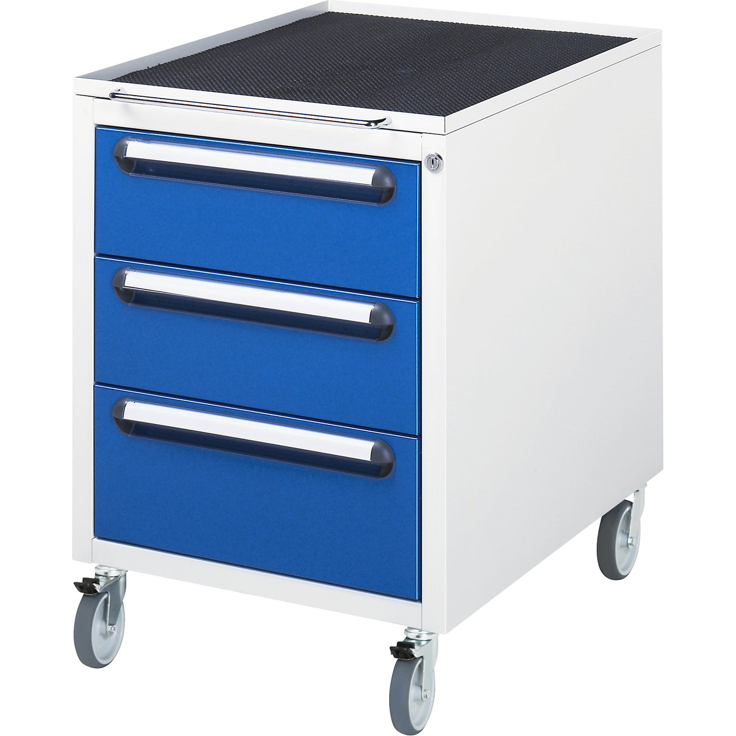 Work table with drawer cupboard, mobile pedestal with 3 drawers 2 x 150, 1 x 180 mm, WxD 1000 x 800 mm, solid beech wood panel, thickness 25 mm.