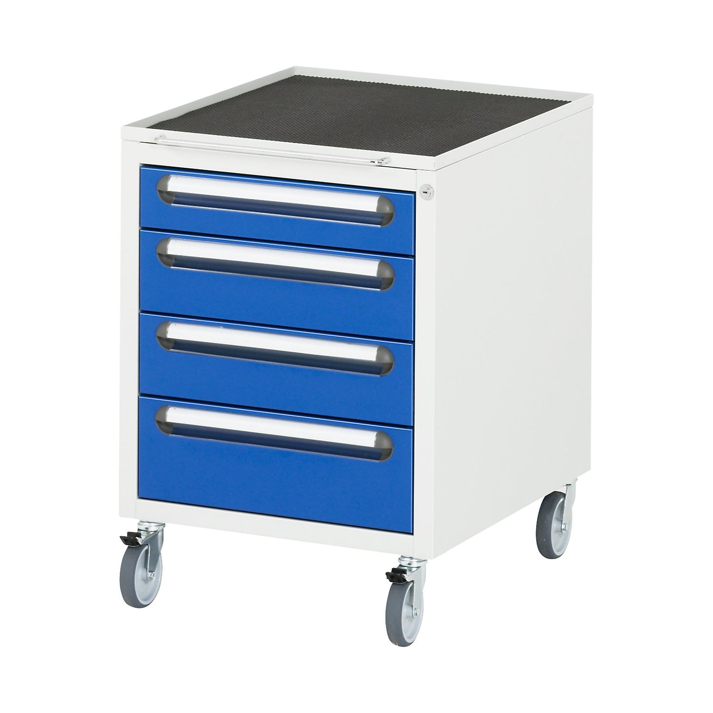 Work table with drawer cupboard, mobile pedestal with 4 drawers 1 x 90, 2 x 120, 1 x 140 mm, WxD 1000 x 800 mm, melamine panel, thickness 22 mm.