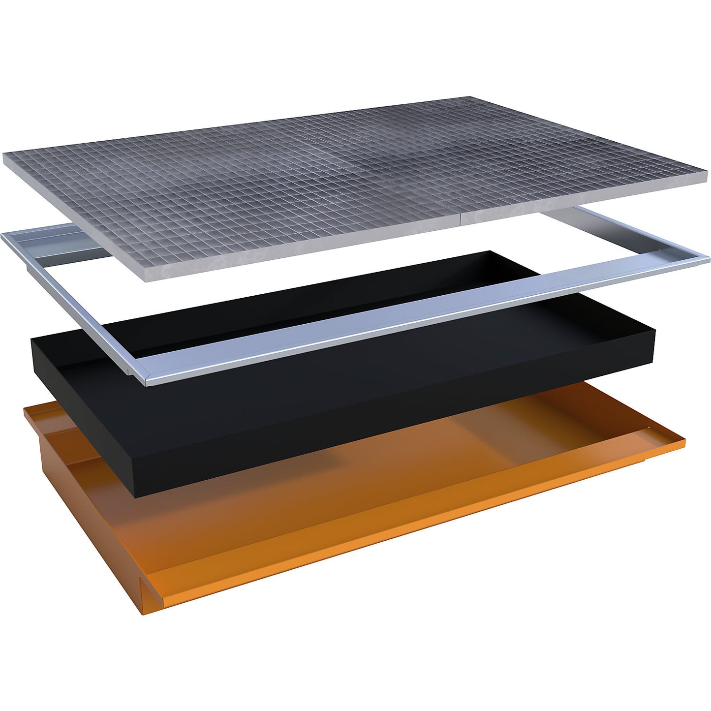 Hook-in sump tray, with PE insert and grate, LxWxH 1765 x 1265 x 165 mm, painted orange.