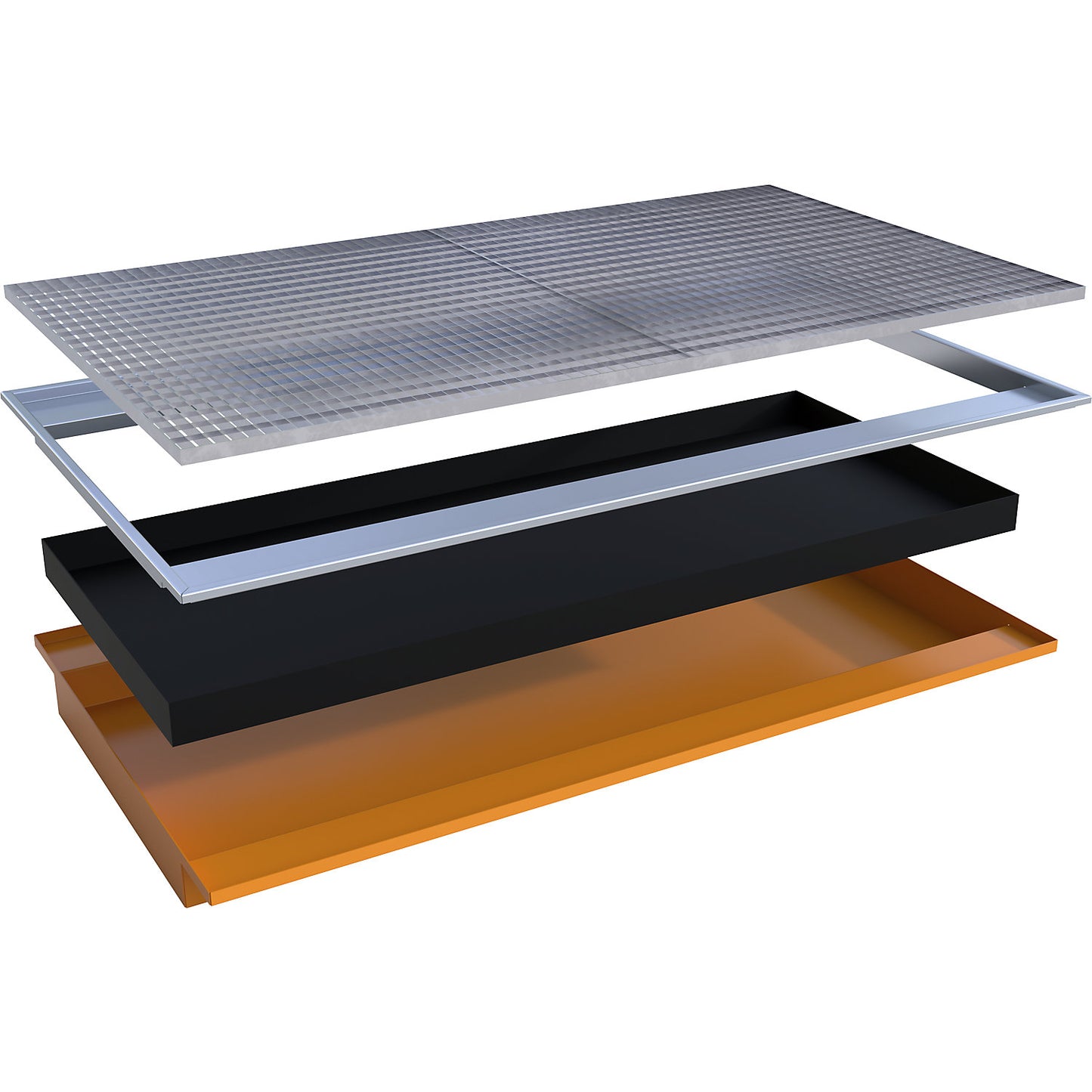 Hook-in sump tray, with PE insert and grate, LxWxH 2165 x 1265 x 145 mm, painted orange.