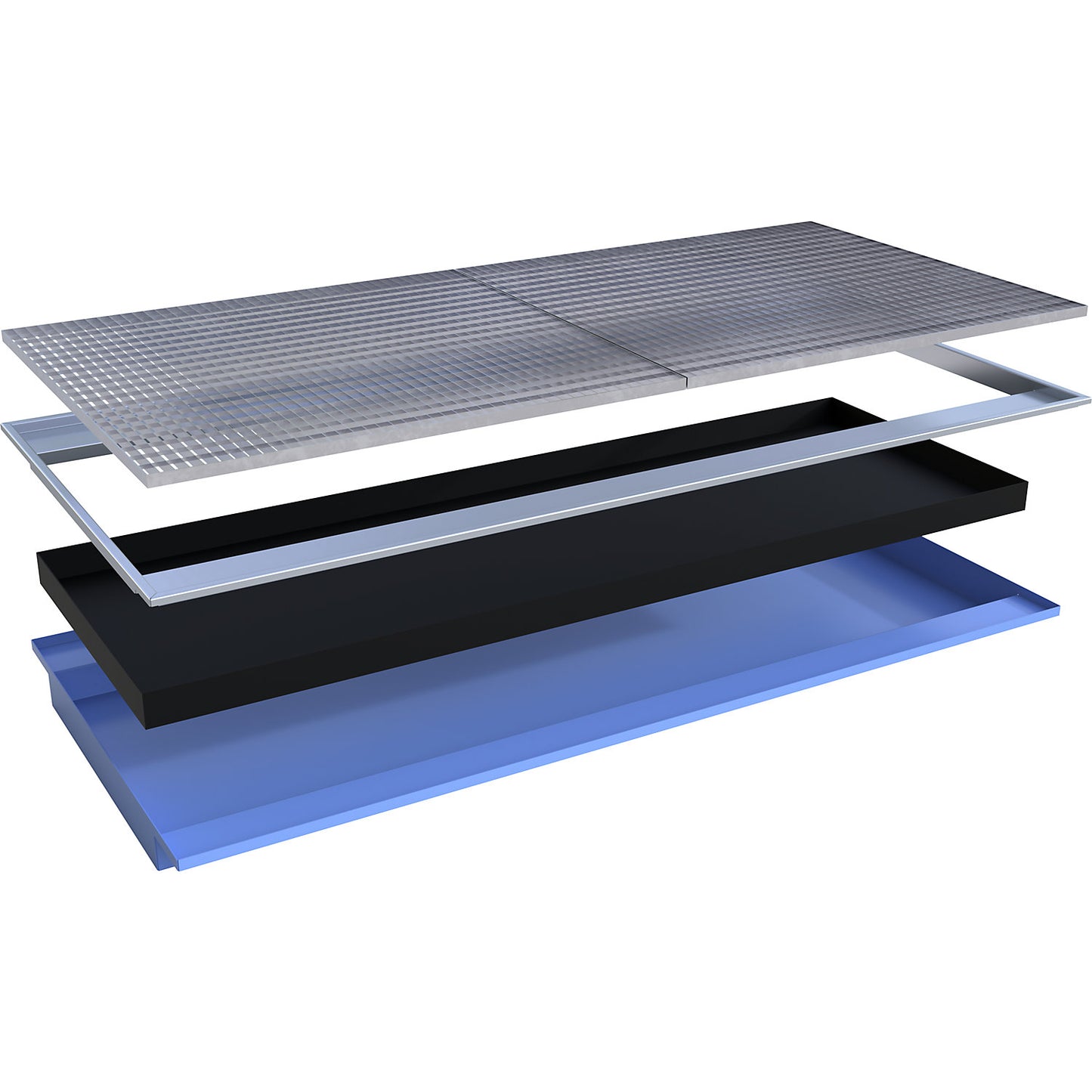 Hook-in sump tray, with PE insert and grate, LxWxH 2665 x 1265 x 135 mm, painted blue.