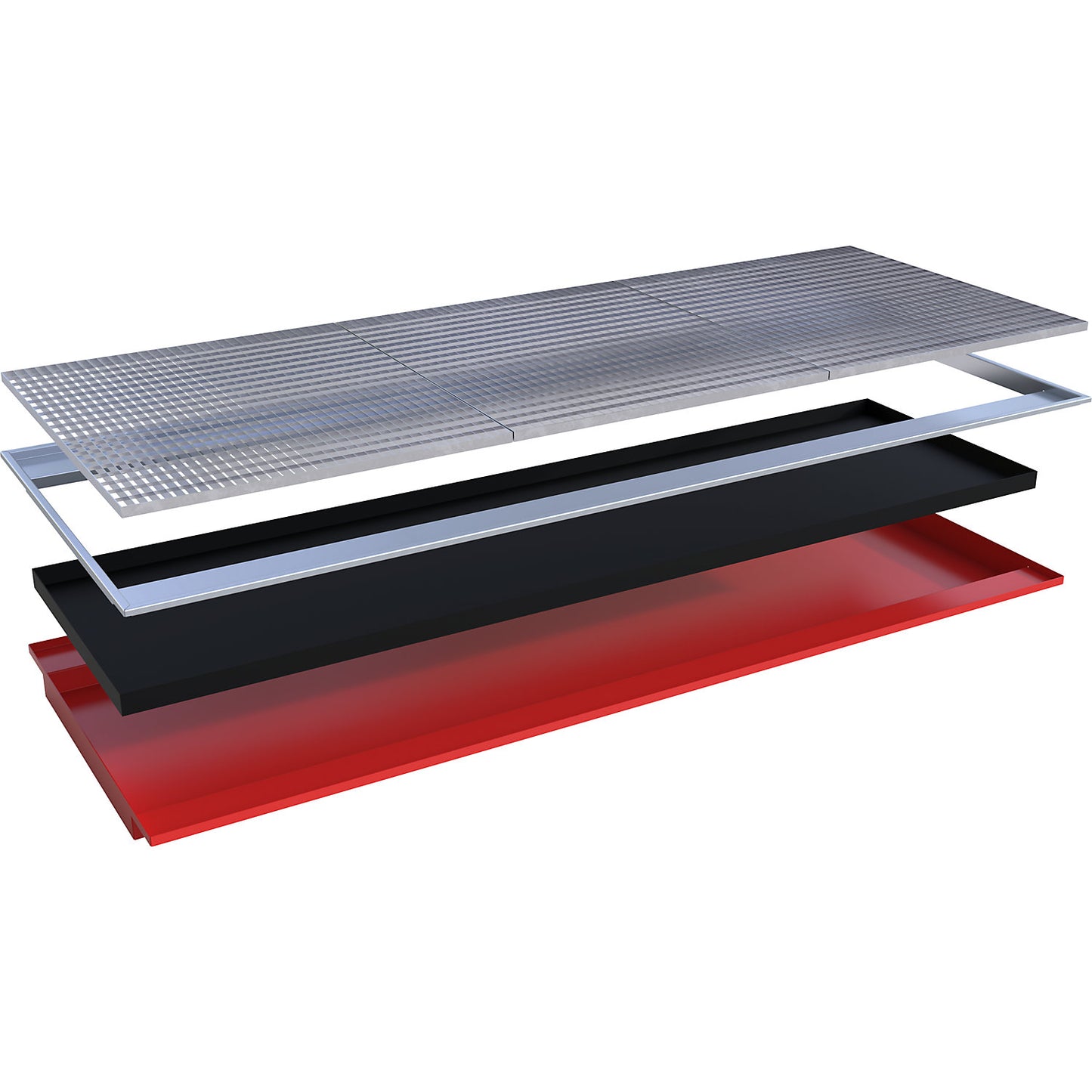 Hook-in sump tray, with PE insert and grate, LxWxH 3265 x 1265 x 115 mm, painted red.