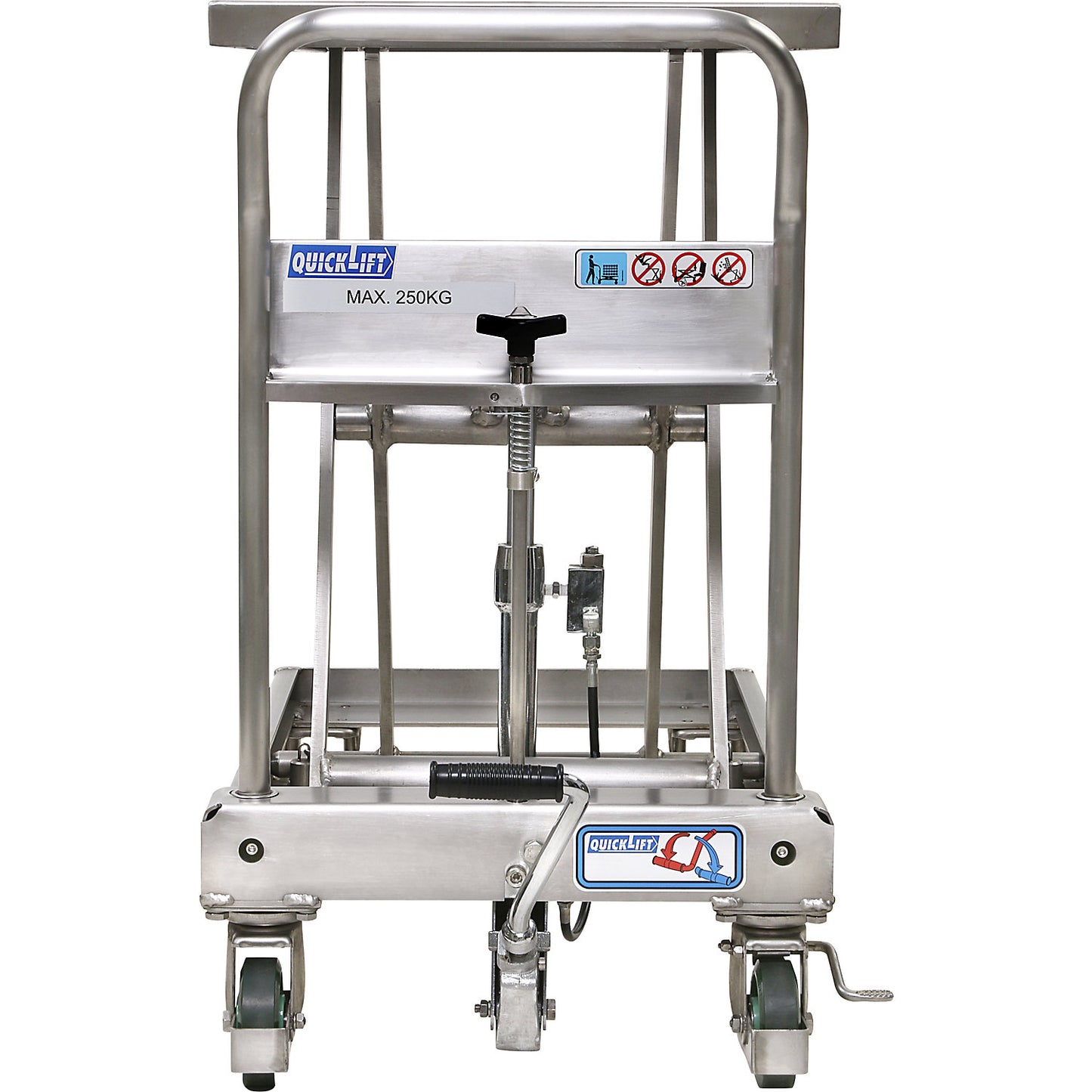 Stainless steel scissor lift platform truck, Quick-Lift, max. load 250 kg, lift per pedal stroke 47 mm.