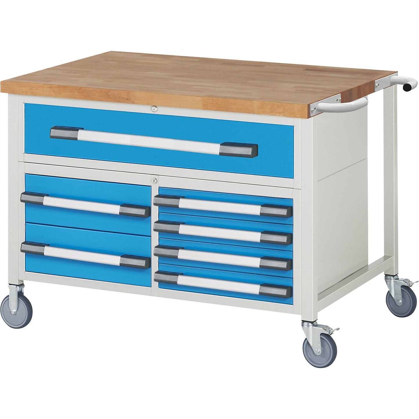 Series 8000 mobile workbench, frame system, 7 drawers, worktop WxD 1250 x 900 mm.
